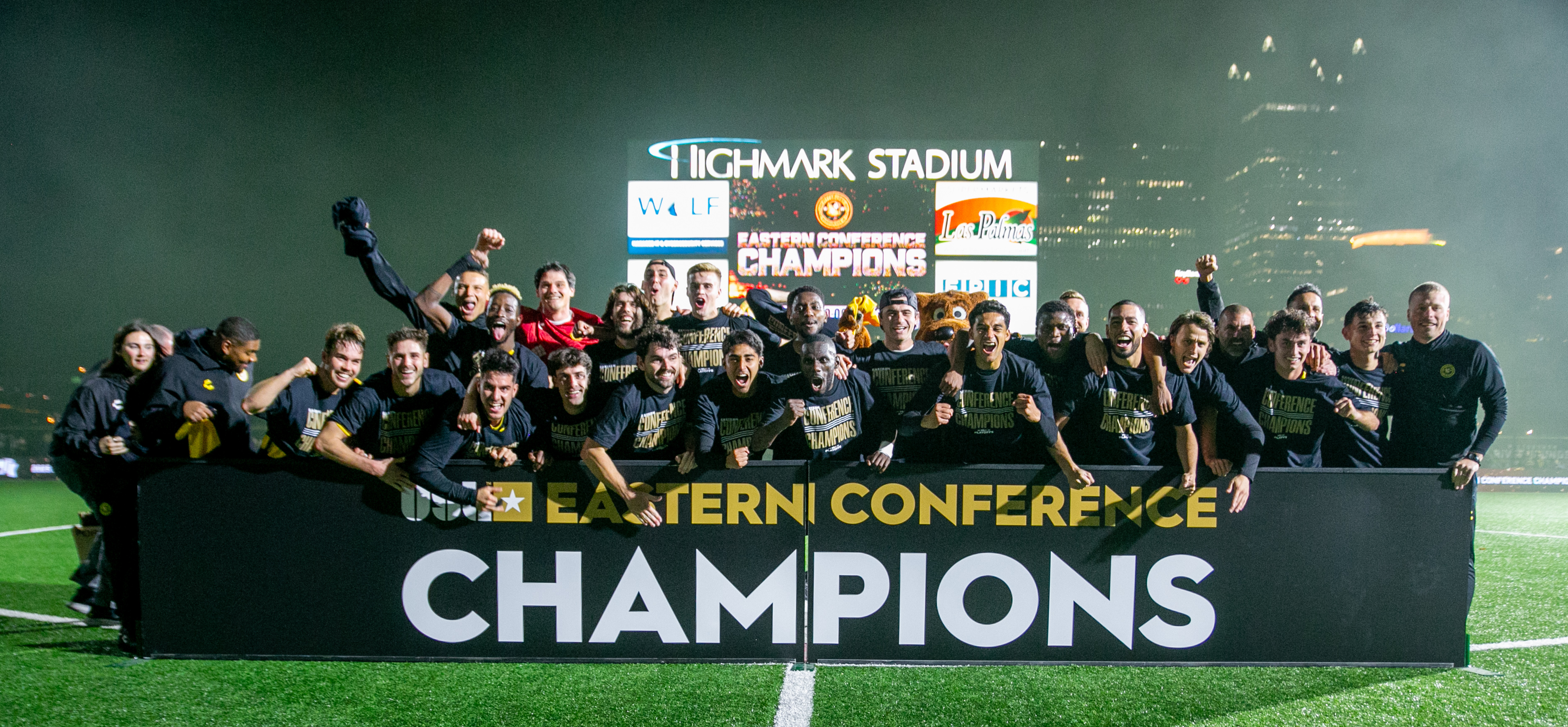 The Pittsburgh Riverhounds celebrate after winning the USL Eastern Conference Final, 1-0, over Rhode Island FC on Nov. 15, 2025 at Highmark Stadium in Pittsburgh. (Photo: Chris Cowger/Riverhounds SC)