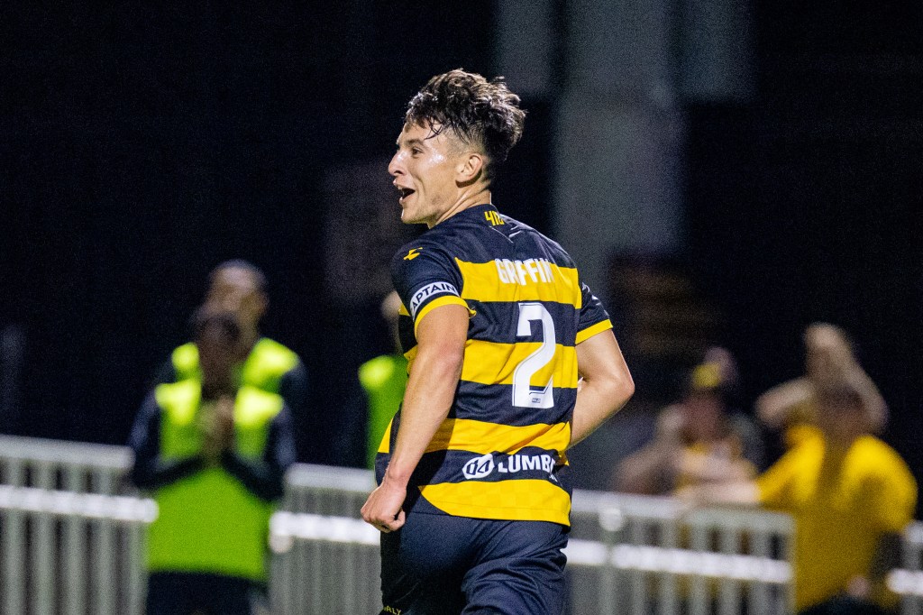 Pittsburgh Riverhounds SC captain Danny Griffin celebrates after scoring in the team's 2-0 win over Birmingham Legion FC on March 29, 2025 at Highmark Stadium in Pittsburgh. (Photo: Chris Cowger/Riverhounds SC)