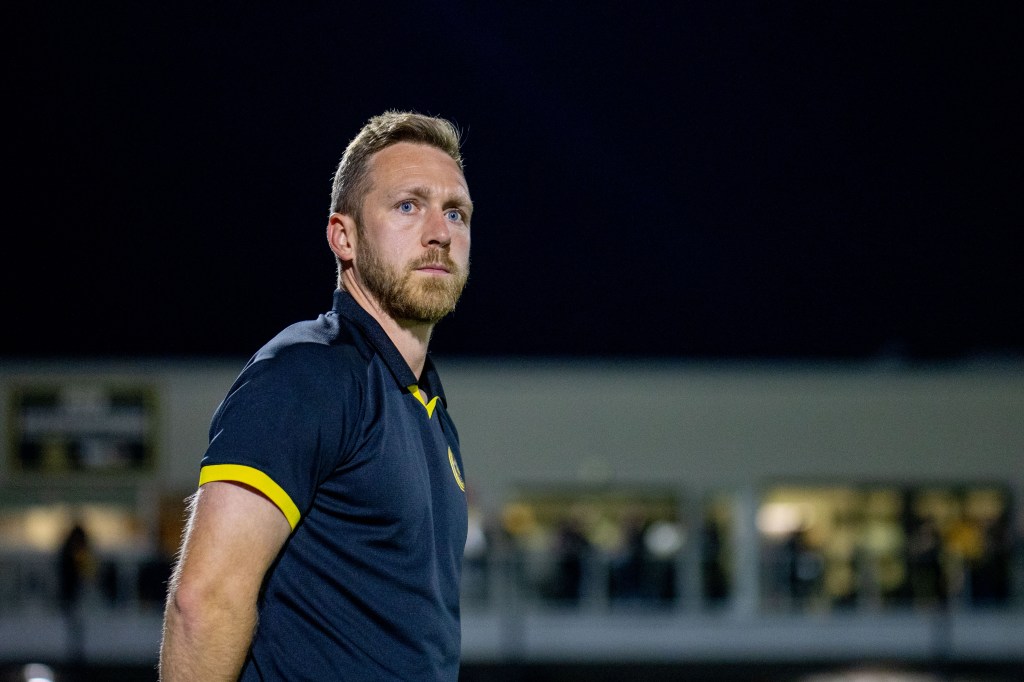Pittsburgh Riverhounds acting head coach Rob Vincent looks on during the USL Championship Eastern Conference Final against Rhode Island FC on Nov. 15, 2025 at Highmark Stadium in Pittsburgh. (Photo: Chris Cowger/Riverhounds SC)