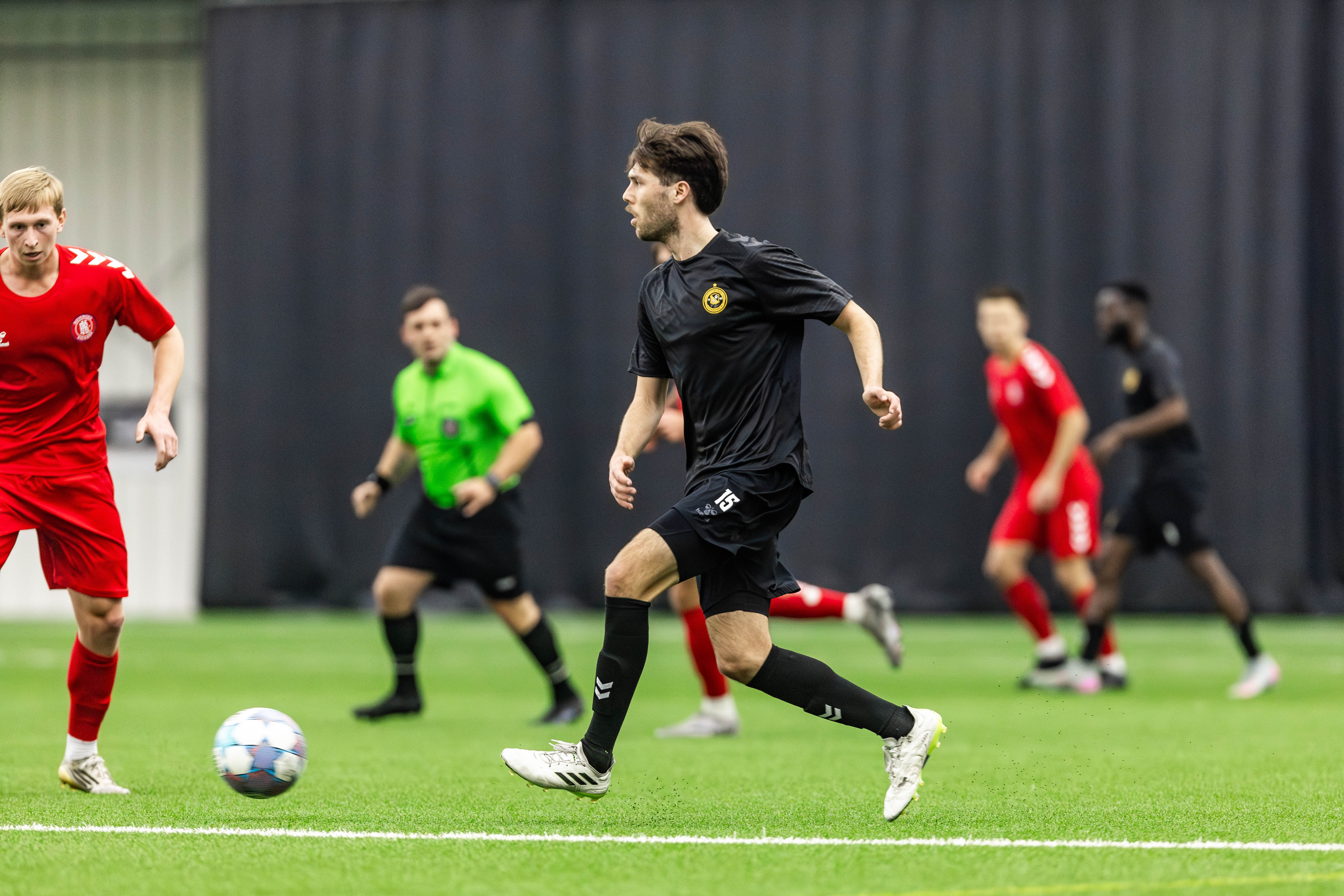 Pittsburgh Riverhounds midfielder Bradley Sample moves the ball in the team's 2-0 preseason win over the Richmond Kickers on Feb. 2, 2026 at AHN Montour Sports Complex in Coraopolis, Pa. (Photo: Mallory Neil/Riverhounds SC)