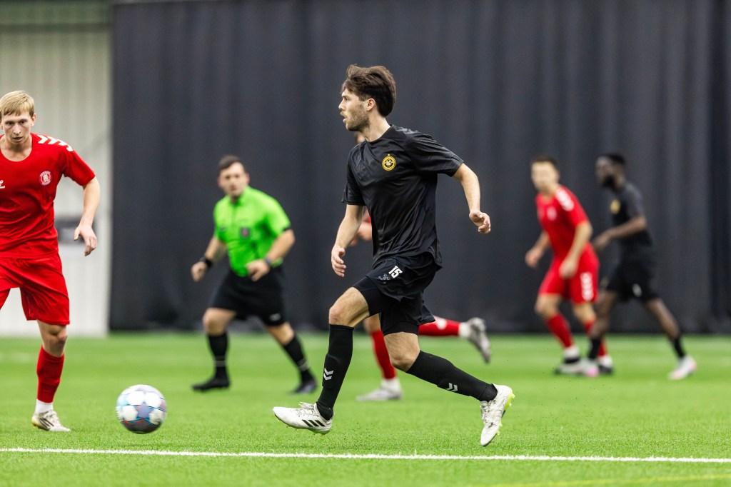 Pittsburgh Riverhounds midfielder Bradley Sample moves the ball in the team's 2-0 preseason win over the Richmond Kickers on Feb. 2, 2026 at AHN Montour Sports Complex in Coraopolis, Pa. (Photo: Mallory Neil/Riverhounds SC)