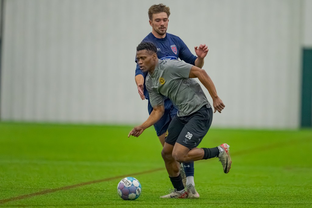 Illal Osumanu dribbles away from Indy Eleven's Dylan Sing in the Pittsburgh Riverhounds' 3-0 preseason win on Feb. 6, 2026 at Grand Park in Westfield, Ind. (Photo: Matt Schlotzhauer/Indy Eleven)