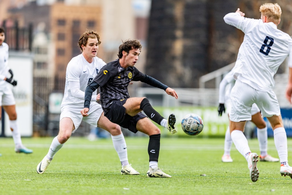 Pittsburgh Riverhounds midfielder Charles Ahl plays the ball in the team's preseason match against Duquesne University on Feb. 8, 2025 at Highmark Stadium in Pittsburgh. (Photo: Mallory Neil/Riverhounds SC)