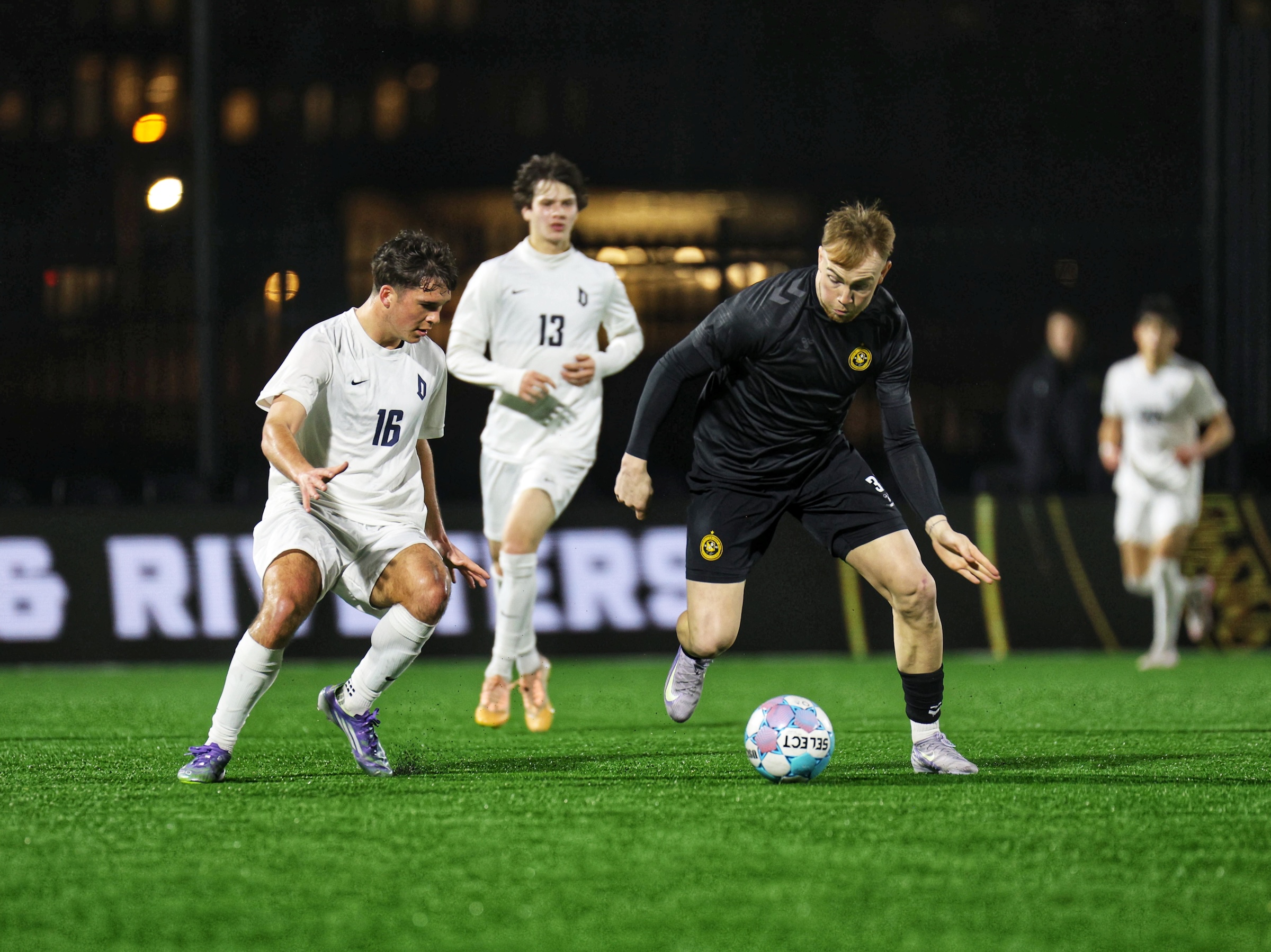 Pittsburgh Riverhounds midfielder Eliot Goldthorp controls the ball in the team's 2-1 preseason win over Duquesne University on Feb. 18, 2026 at Highmark Stadium in Pittsburgh. (Photo: Chris Cowger/Riverhounds SC)