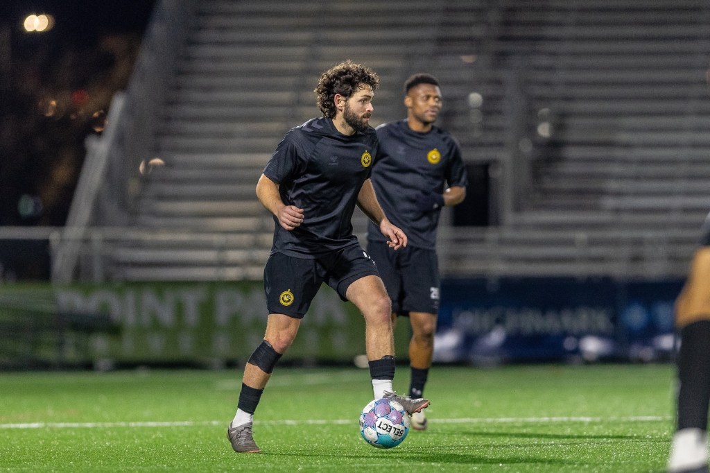 Jackson Walti looks up the field in the Pittsburgh Riverhounds' 2-1 preseason win over West Virginia University on Feb. 27, 2026 at Highmark Stadium in Pittsburgh. (Photo: Mallory Neil/Riverhounds SC)
