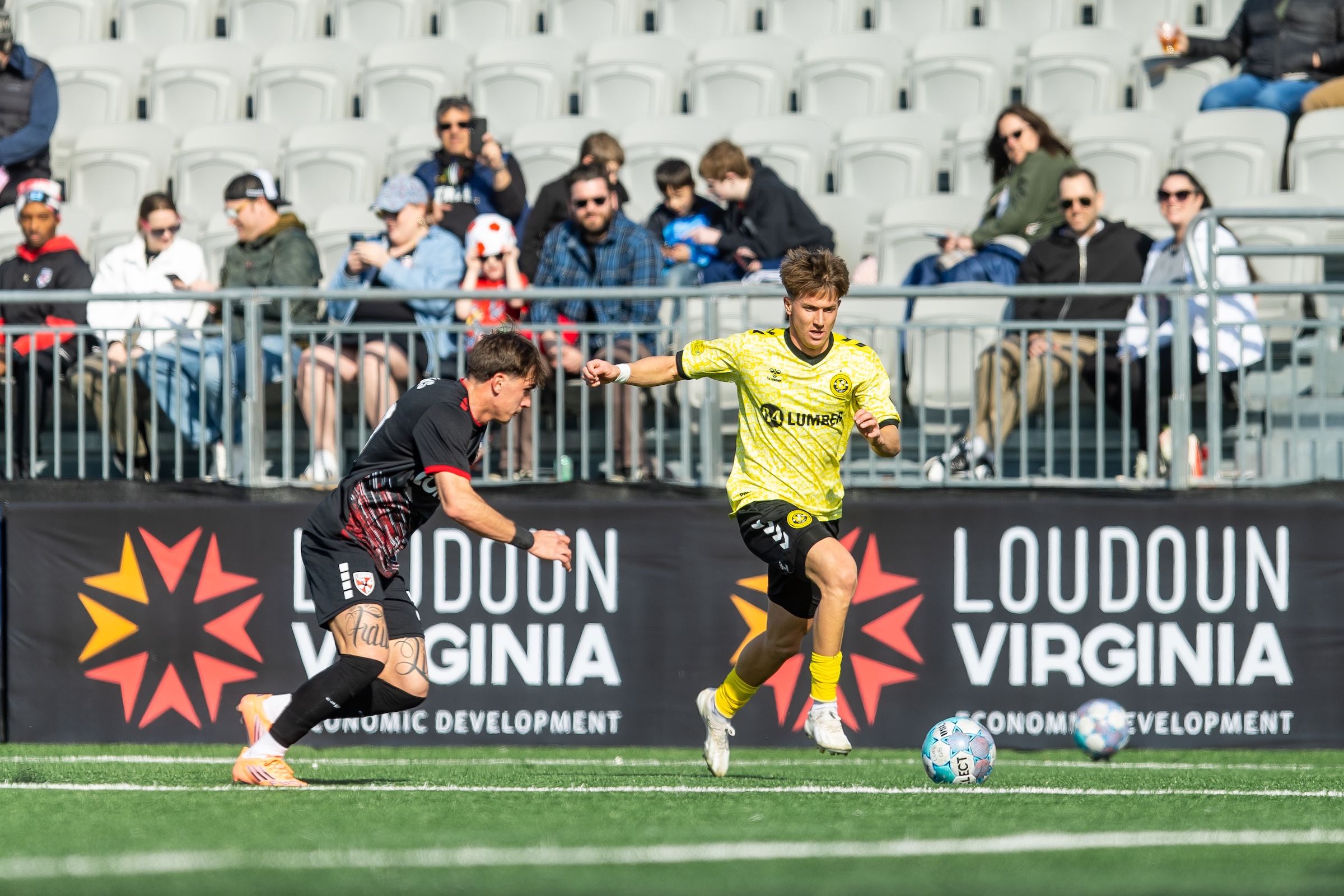 Pittsburgh Riverhounds midfielder Sam Bassett dribbles toward goal in the team's 3-2 win over Loudoun United FC on March 14, 2026 at Segra Field in Leesburg, Va. (Photo: Mallory Neil/Riverhounds SC)