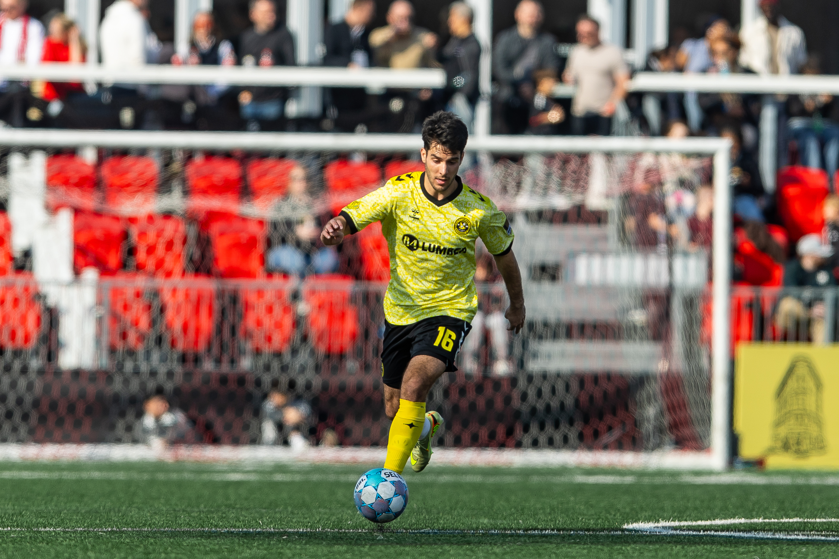 Pittsburgh Riverhounds defender Beto Ydrach dribbles forward in the team's 3-2 win over Loudoun United FC on March 14, 2026 at Segra Field in Leesburg, Va. (Photo: Mallory Neil/Riverhounds SC)
