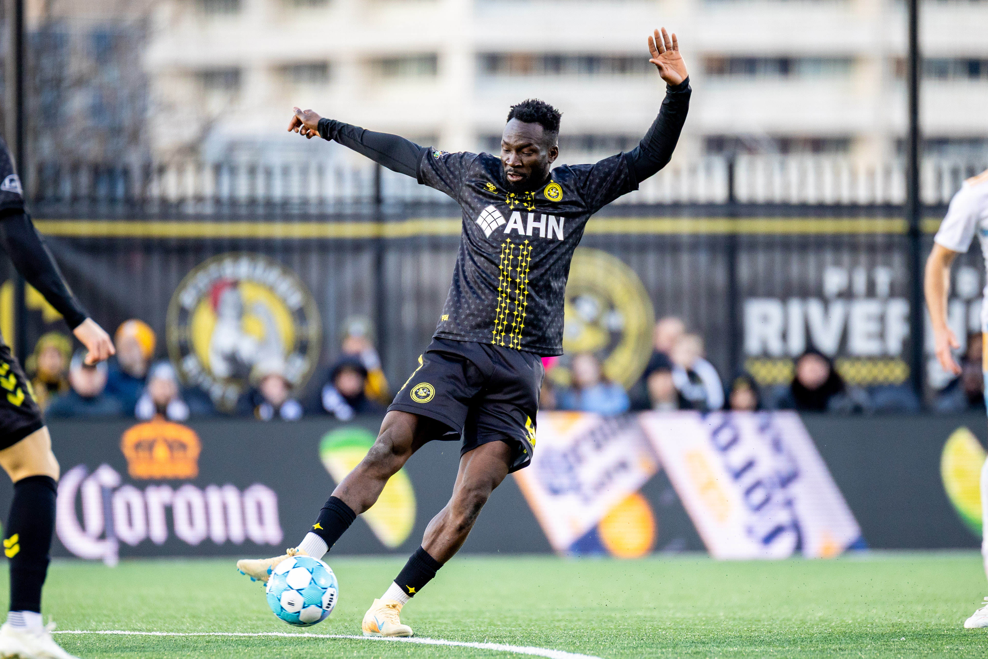 Albert Dikwa was named to the USL Championship Team of the Week after his two-goal performance in the Pittsburgh Riverhounds' 3-2 win over Sporting Jacksonville on March 28, 2026 at Highmark Stadium in Pittsburgh. (Photo: Chris Cowger/Riverhounds SC)