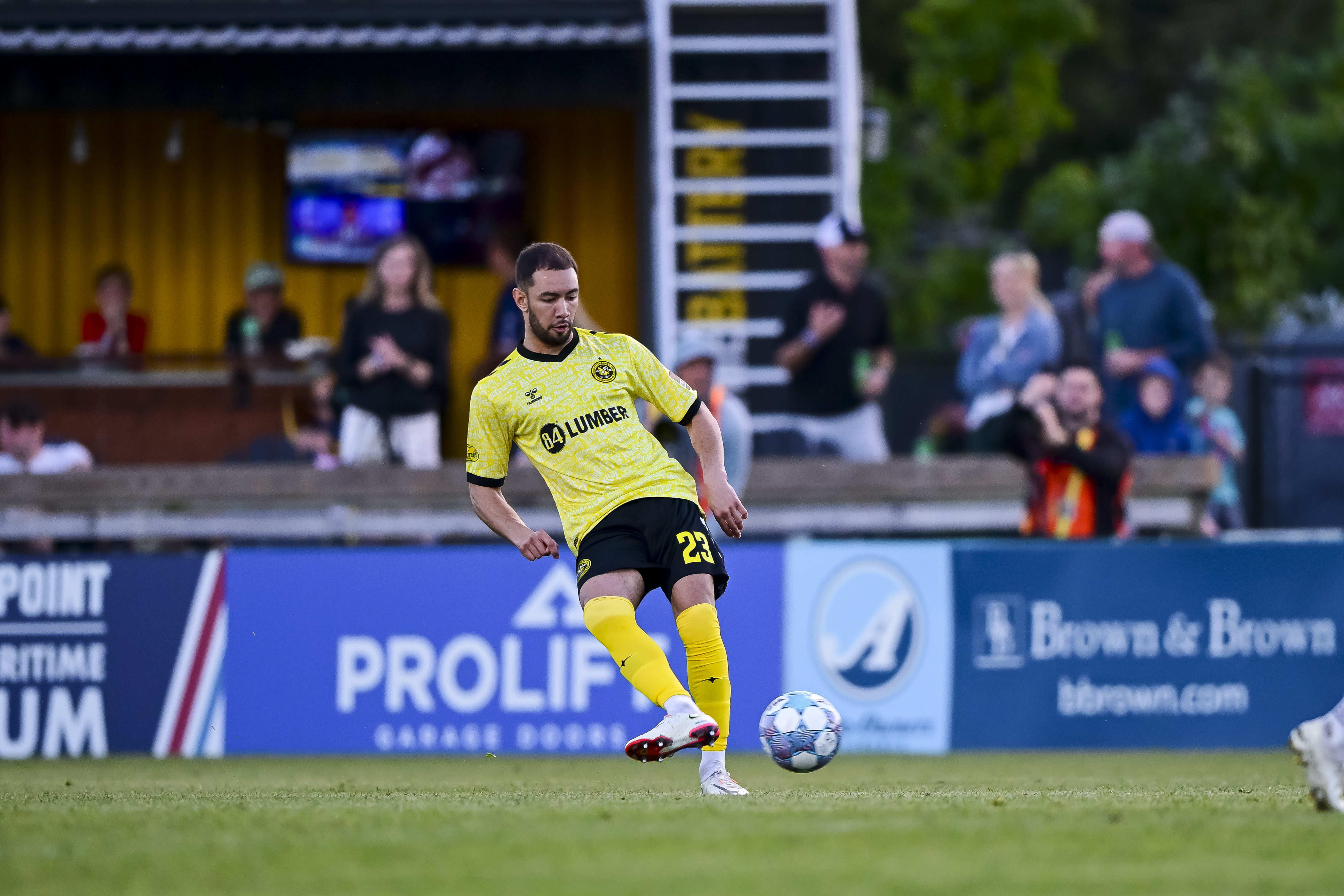 Guillaume Vacter plays the ball forward in the Pittsburgh Riverhounds match against the Charleston Battery on March 7, 2026 at Patriots Point in Mount Pleasant, S.C. (Photo: Charleston Battery)