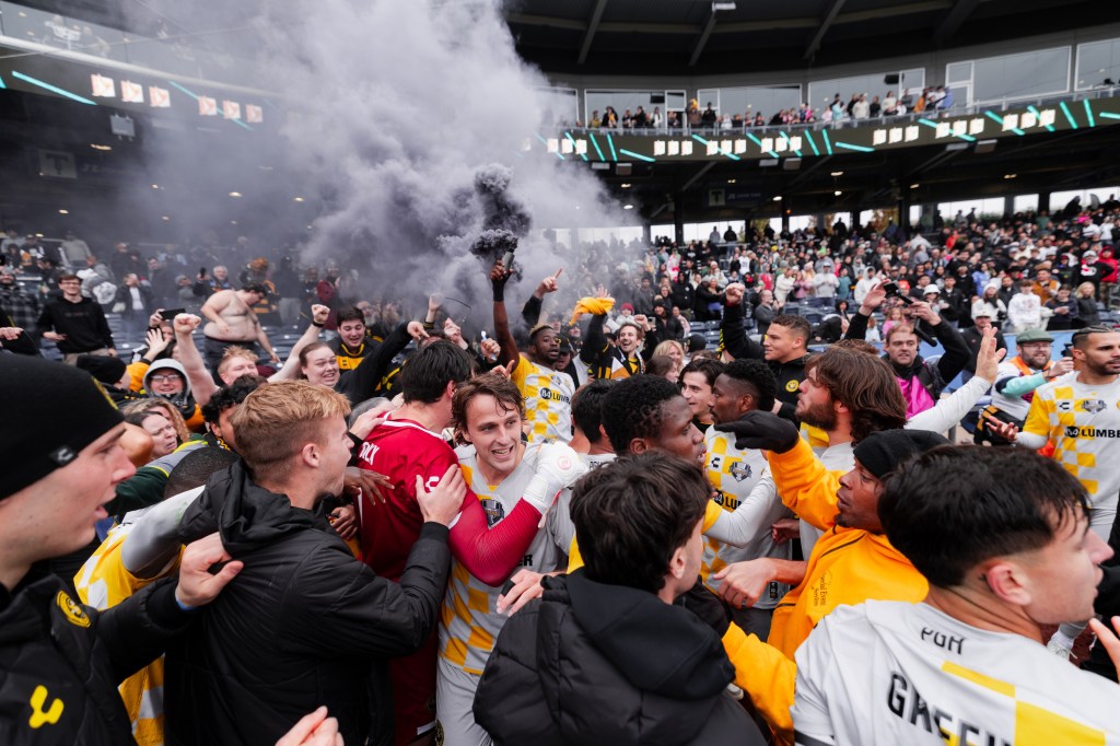 Pittsburgh Riverhounds players and fans celebrate after the team's victory in the USL Championship Final on Nov. 22, 2025 at ONEOK Field in Tulsa, Okla. (Photo: Club Eleven)