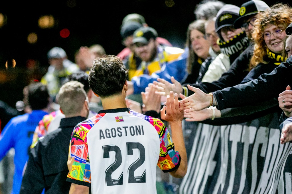 Warren Agostoni shakes hands with fans after the 17-year-old became the youngest player to appear in a match for the Pittsburgh Riverhounds on April 25, 2026 at F.N.B. Stadium in Pittsburgh. (Photo: Chris Cowger/Riverhounds SC)