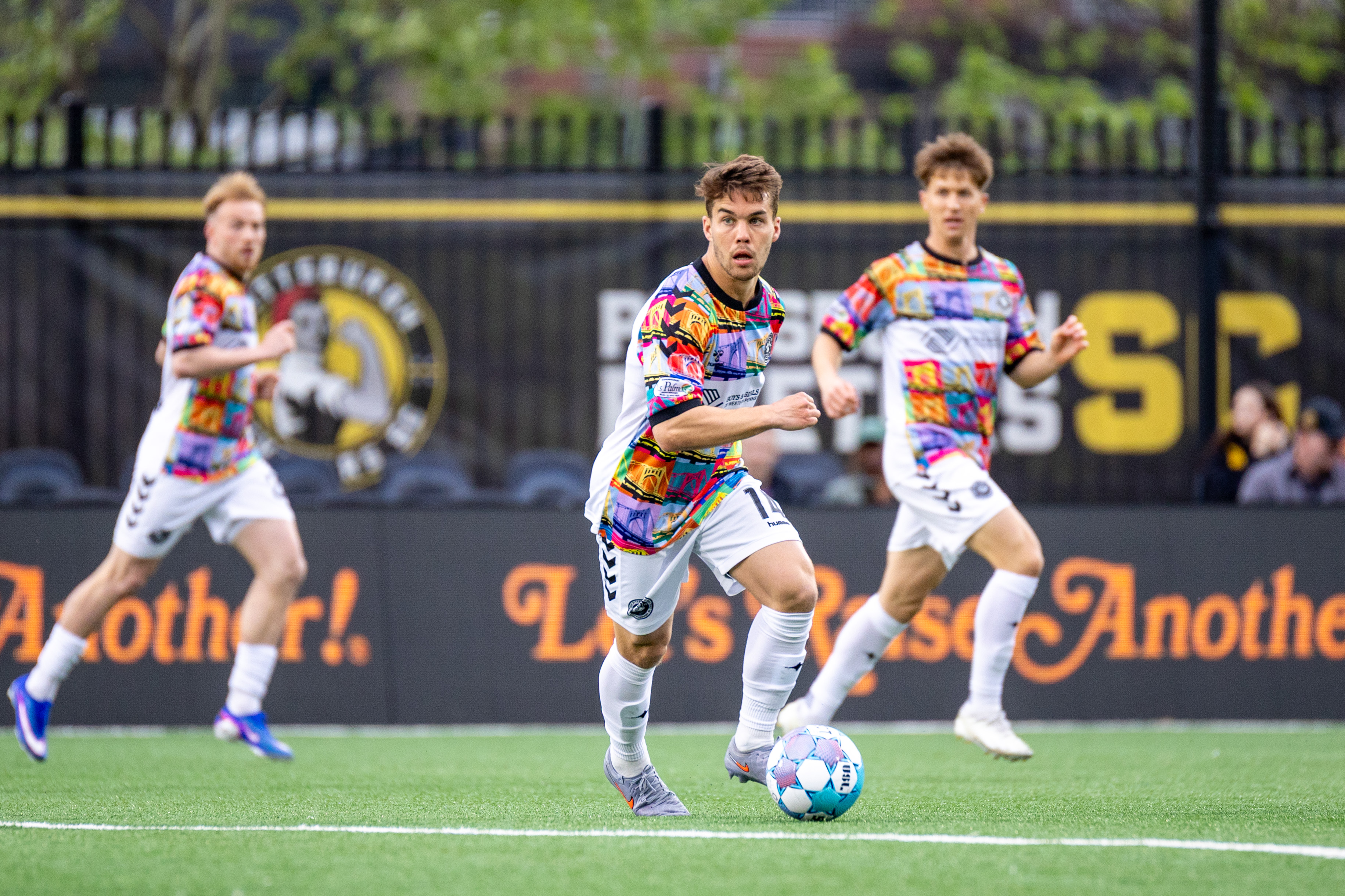 Robbie Mertz turns across the field during the Pittsburgh Riverhounds' 3-0 win over Greenville Triumph SC on April 25, 2026 at F.N.B. Stadium in Pittsburgh. (Photo: Chris Cowger/Riverhounds SC)