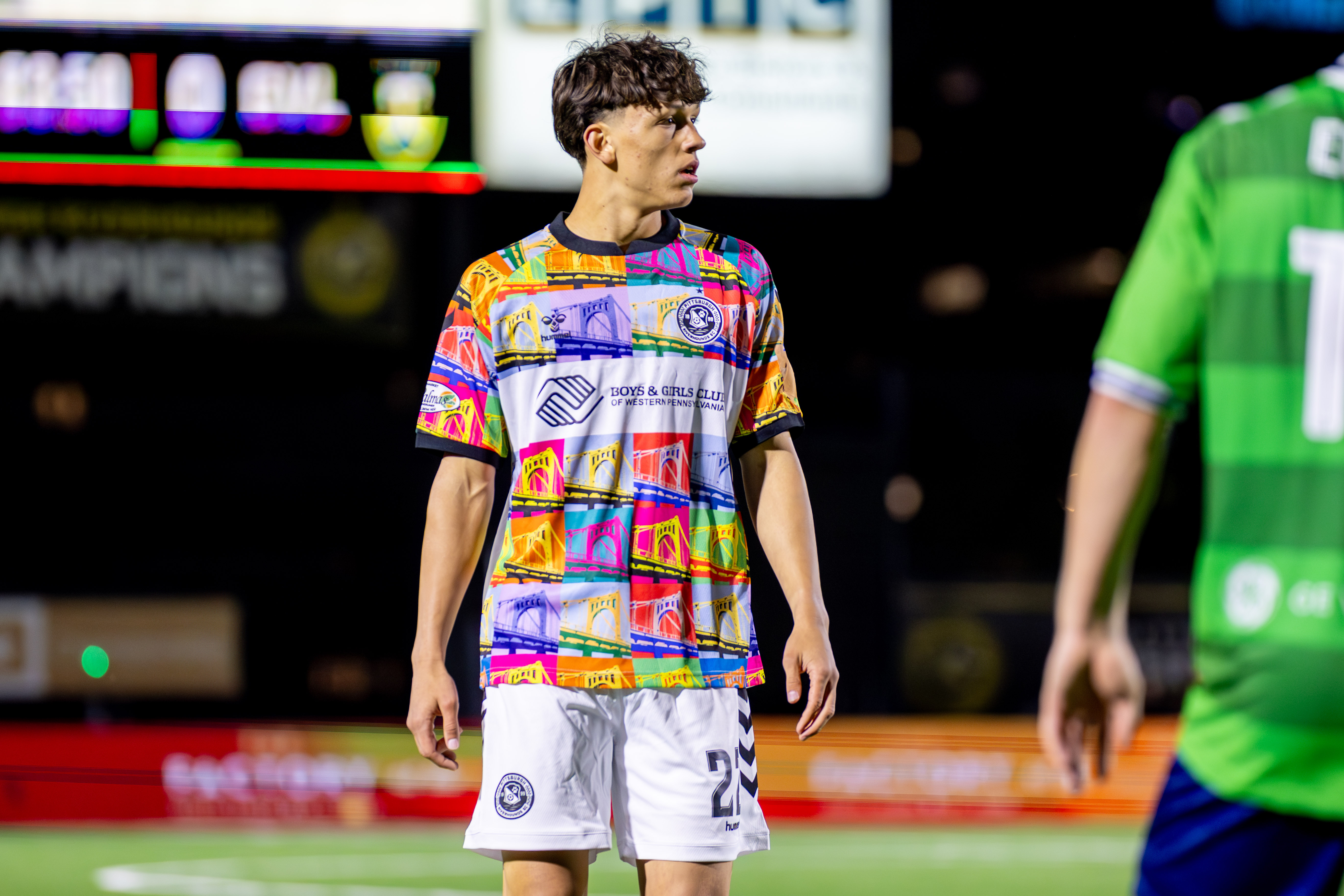17-year-old Warren Agostoni surveys the field during his debut appearance with the Pittsburgh Riverhounds on April 25, 2026 at F.N.B. Stadium in Pittsburgh. (Photo: Chris Cowger/Riverhounds SC)