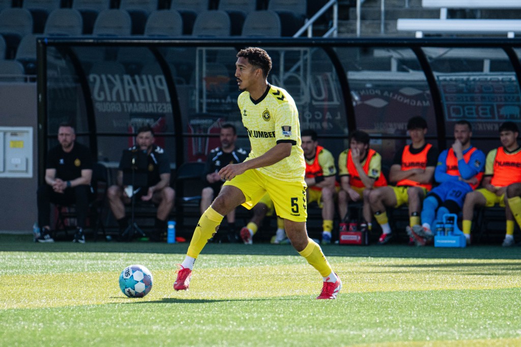 Victor Souza controls the ball in the Pittsburgh Riverhounds' match at Birmingham Legion FC on April 12, 2026 at Protective Stadium in Birmingham, Ala. (Photo: Madison Blandford/Birmingham Legion FC)