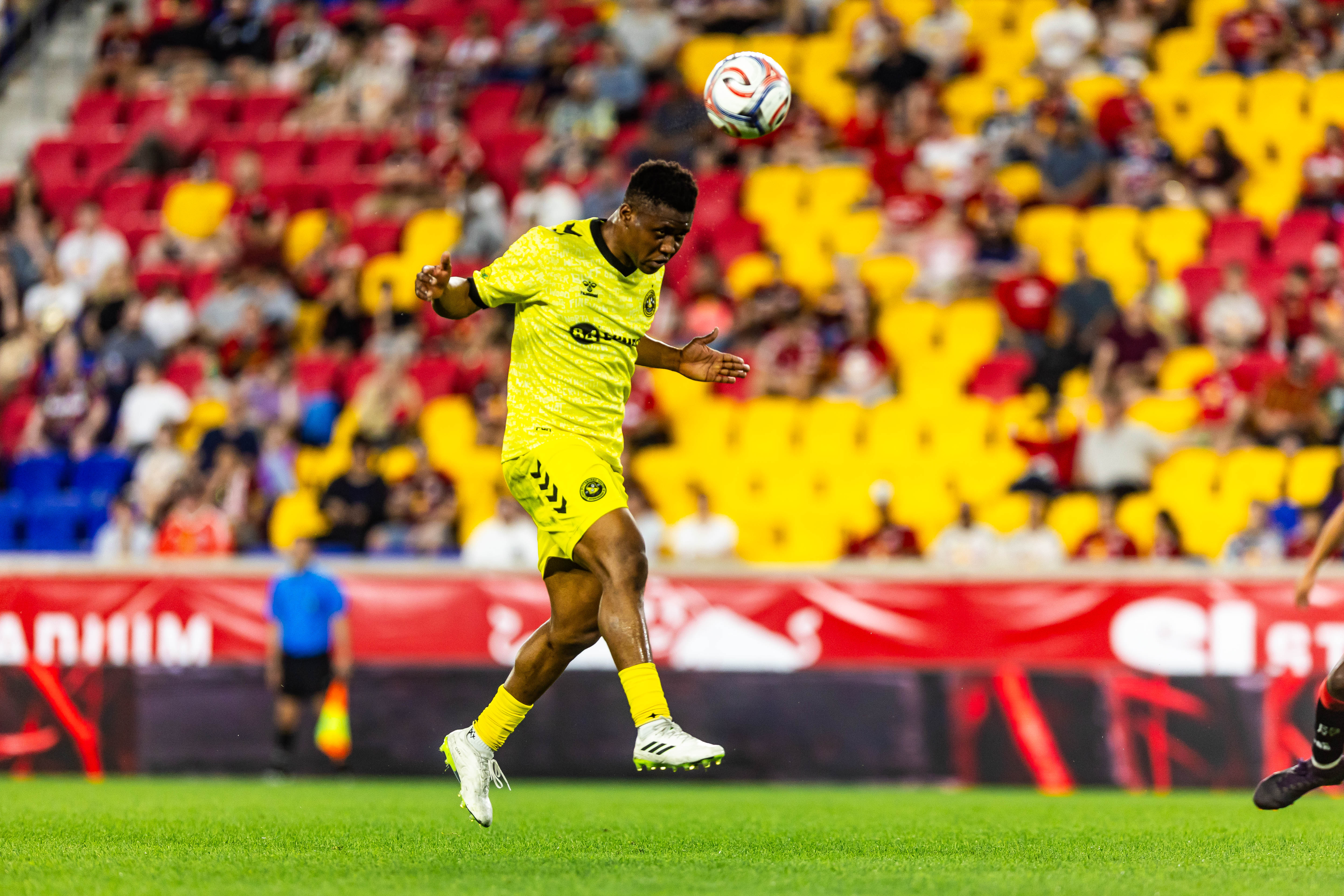 Illal Osumanu heads the ball forward in the Pittsburgh Riverhounds' match at Red Bull New York in the U.S. Open Cup on April 15, 2026 at Sports Illustrated Stadium in Harrison, N.J. (Photo: Mallory Neil/Riverhounds SC)
