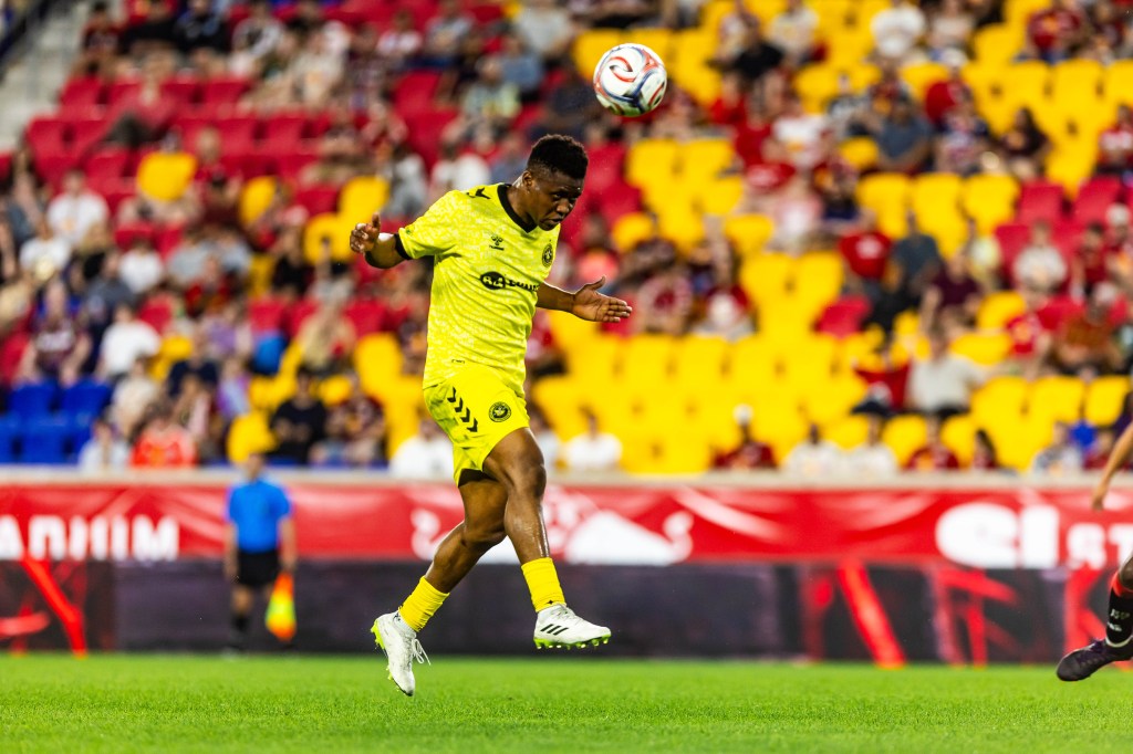 Illal Osumanu heads the ball forward in the Pittsburgh Riverhounds' match at Red Bull New York in the U.S. Open Cup on April 15, 2026 at Sports Illustrated Stadium in Harrison, N.J. (Photo: Mallory Neil/Riverhounds SC)