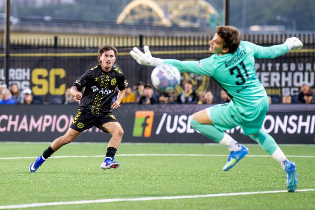 Charles Ahl watches his shot get past Miami FC goalkeeper Felipe Rodriguez in the Pittsburgh Riverhounds' 2-0 win on May 30, 2026 at F.N.B. Stadium in Pittsburgh. (Photo: Chris Cowger/Riverhounds SC)