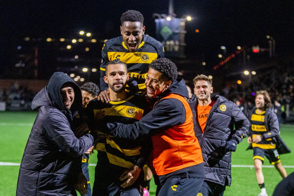 Adversity in late September and early October served to unify the 2025 Hounds, and the team showed its resiliency to prevail in three shootouts in four matches — the first ended by Sean Suber against Hartford (pictured)— on the way to the USL Championship title. (Photo: Chris Cowger)