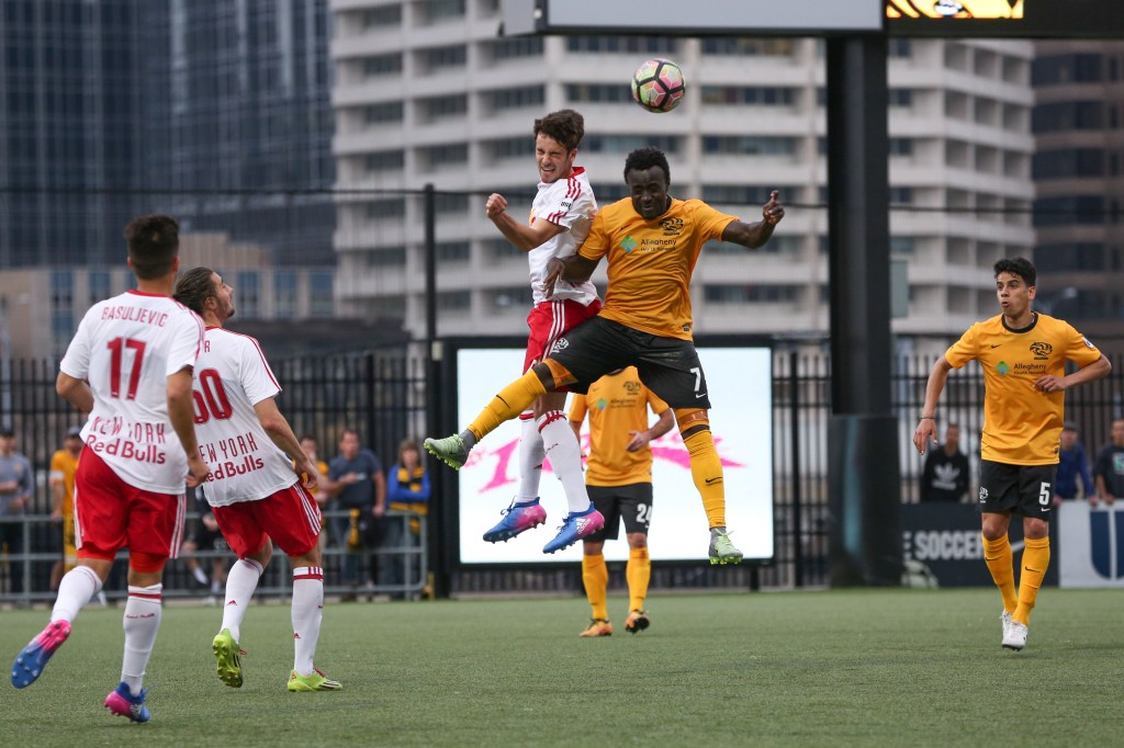 Stephen Okai (pictured heading the ball) and the 2017 Hounds started strong, including a 3-3 draw with the defending champion New York Red Bulls II, but 22 points over the final 23 games relegated the team to 13th place in the East. (Photo: Chris Cowger/Riverhounds SC)