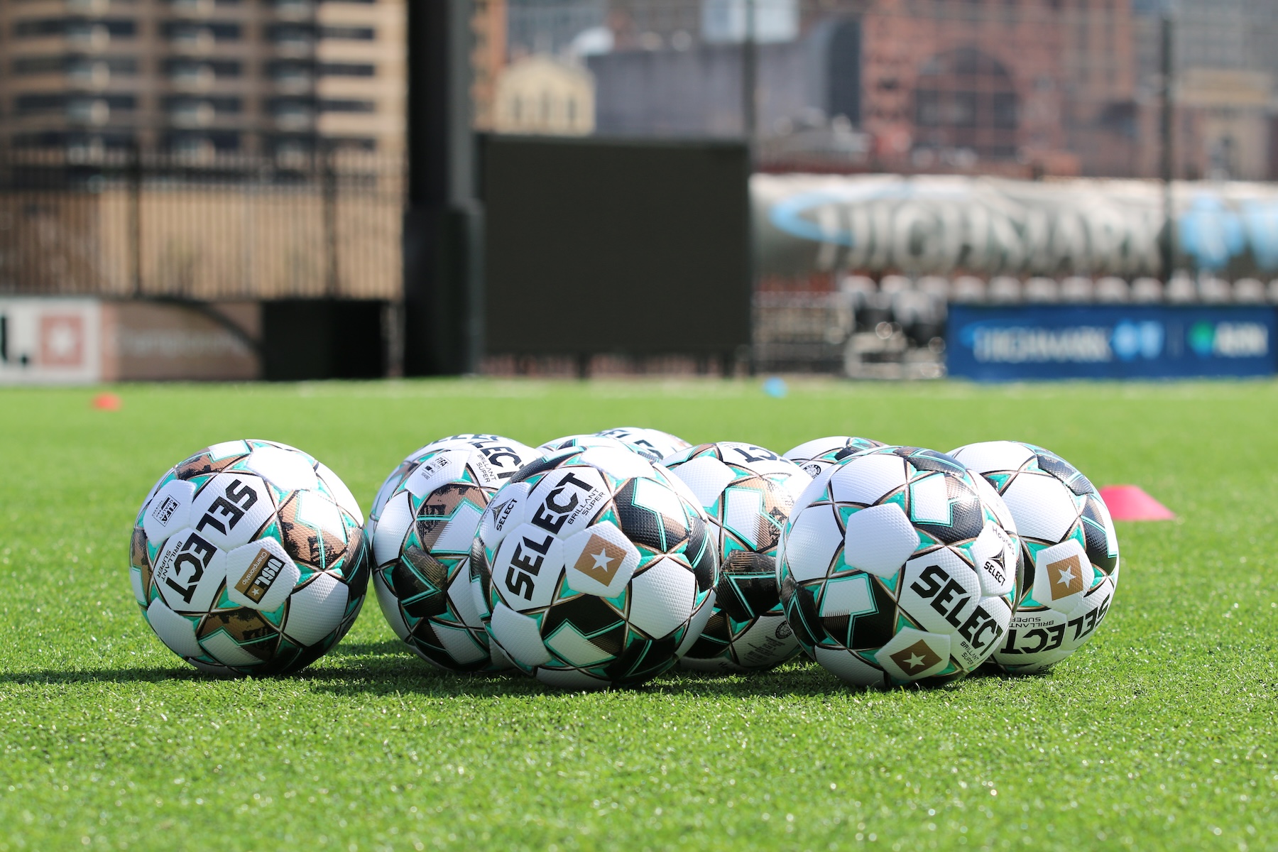 Soccer balls on a field