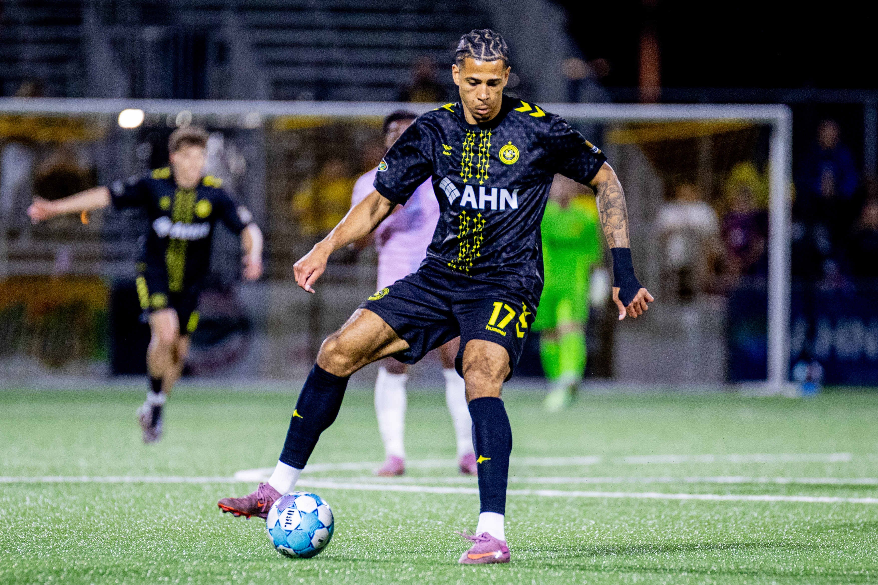 Brigham Larsen controls the ball in the Pittsburgh Riverhounds U.S. Open Cup win over Virginia Dream FC on March 31, 2026 at Highmark Stadium in Pittsburgh. (Photo: Chris Cowger/Riverhounds SC)