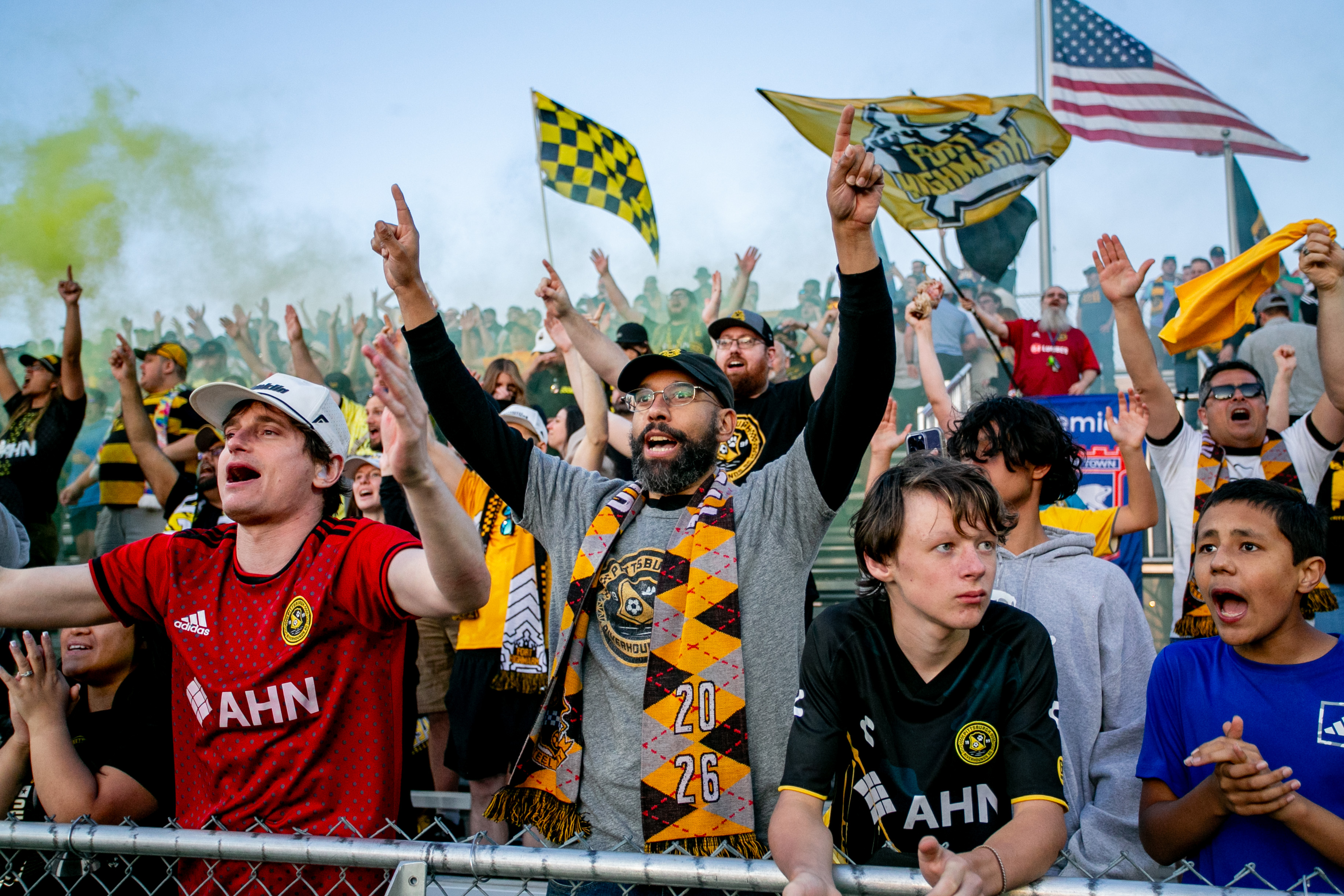Fans celebrate after a Pittsburgh Riverhounds goal in the team's win over Miami FC on May 30, 2026 at F.N.B. Stadium in Pittsburgh. (Photo: Chris Cowger/Riverhounds SC)