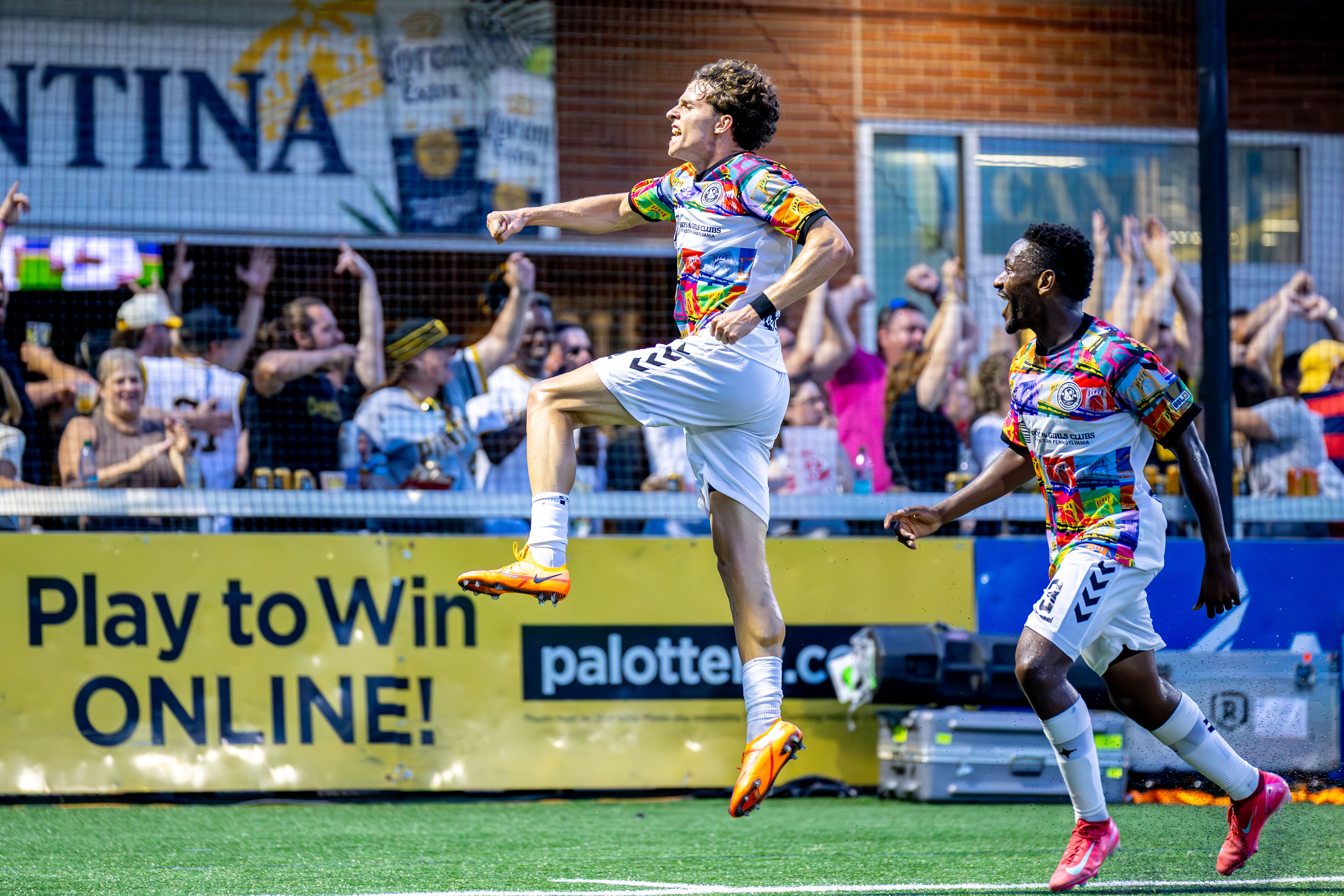 Lasse Kelp leaps into the air after scoring the Pittsburgh Riverhounds match-winning goal against Indy Eleven on June 13, 2026 at F.N.B. Stadium in Pittsburgh. (Photo: Chris Cowger/Riverhounds SC)