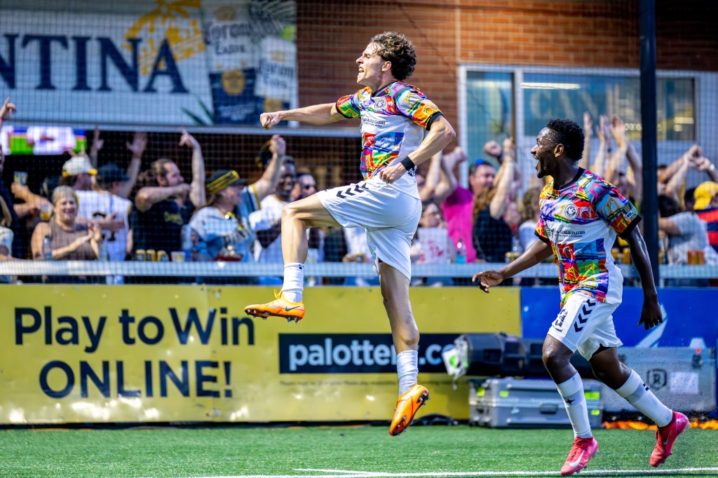 Lasse Kelp leaps into the air after scoring the Pittsburgh Riverhounds match-winning goal against Indy Eleven on June 13, 2026 at F.N.B. Stadium in Pittsburgh. (Photo: Chris Cowger/Riverhounds SC)