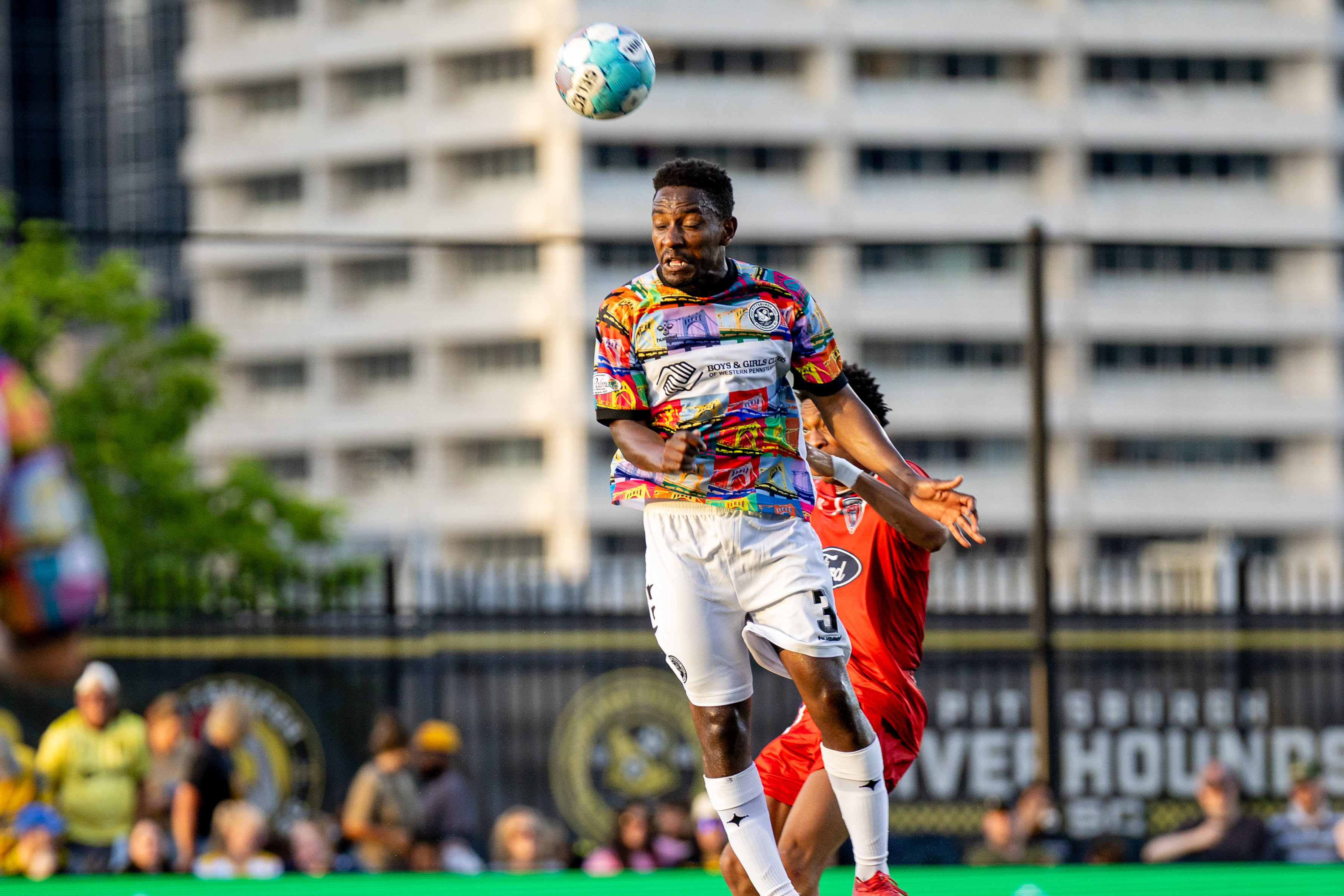 Perrin Barnes heads the ball in the Pittsburgh Riverhounds' 1-0 win over Indy Eleven on June 16, 2026 at F.N.B. Stadium in Pittsburgh. (Photo: Chris Cowger/Riverhounds SC)