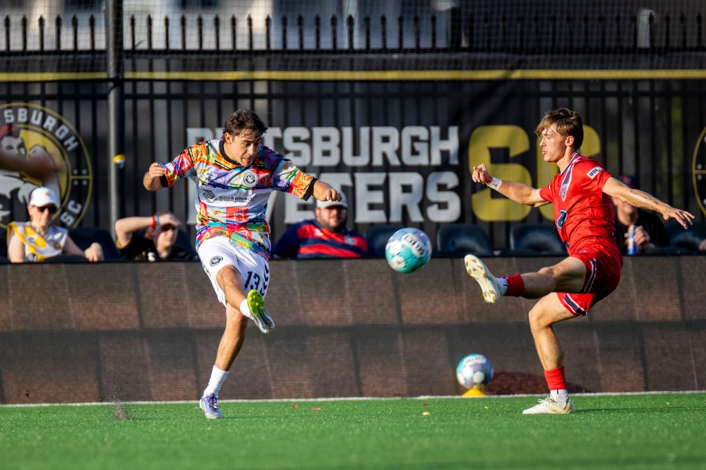 Max Viera crosses the ball in the Pittsburgh Riverhounds win against Indy Eleven on June 13, 2026 at F.N.B. Stadium in Pittsburgh. (Photo: Chris Cowger/Riverhounds SC)