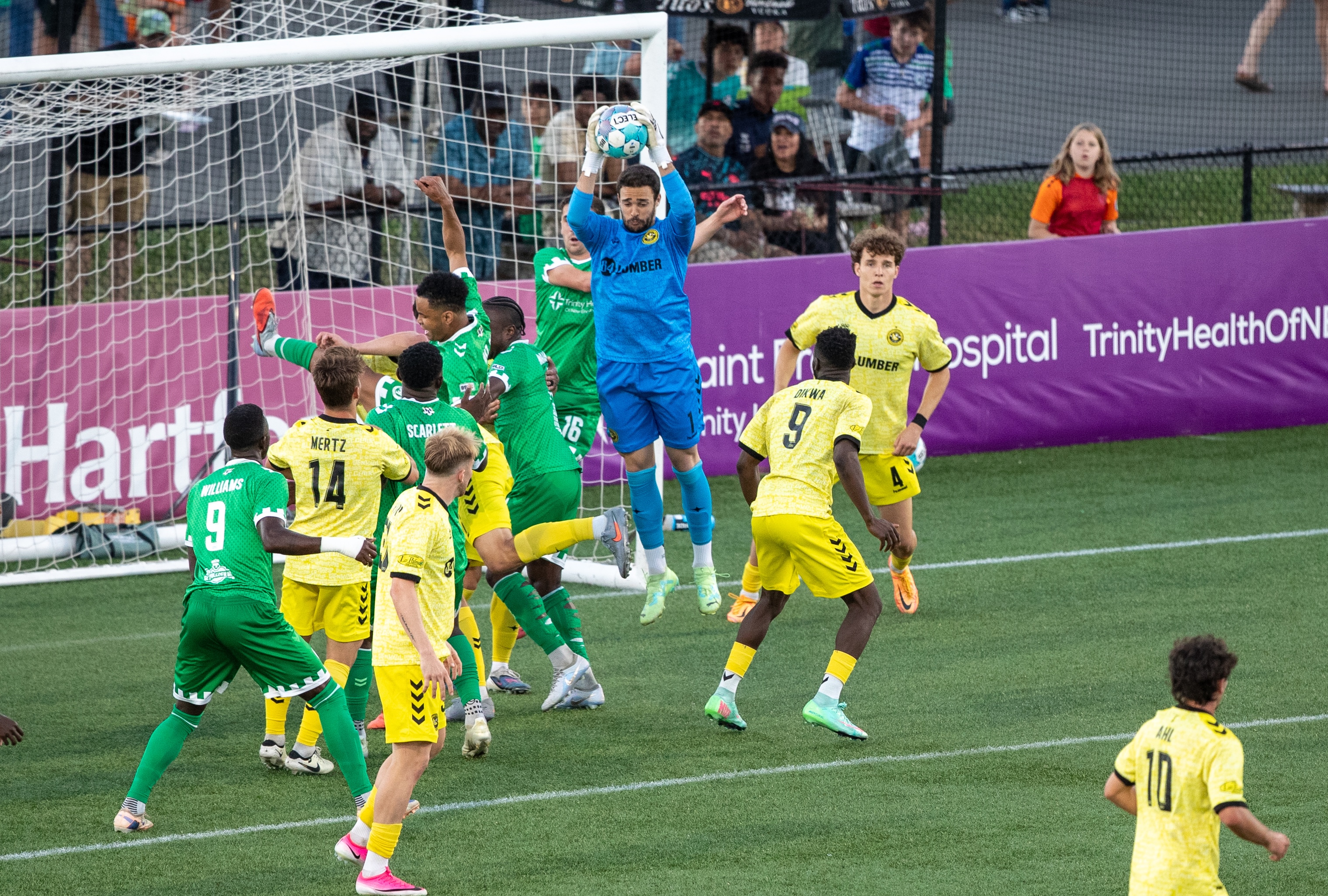 Nico Campuzano elevates to catch a corner kick in the Pittsburgh Riverhounds 0-0 draw with Hartford Athletic on June 20, 2026 at Trinity Health Stadium in Hartford, Conn. (Photo: Hartford Athletic)