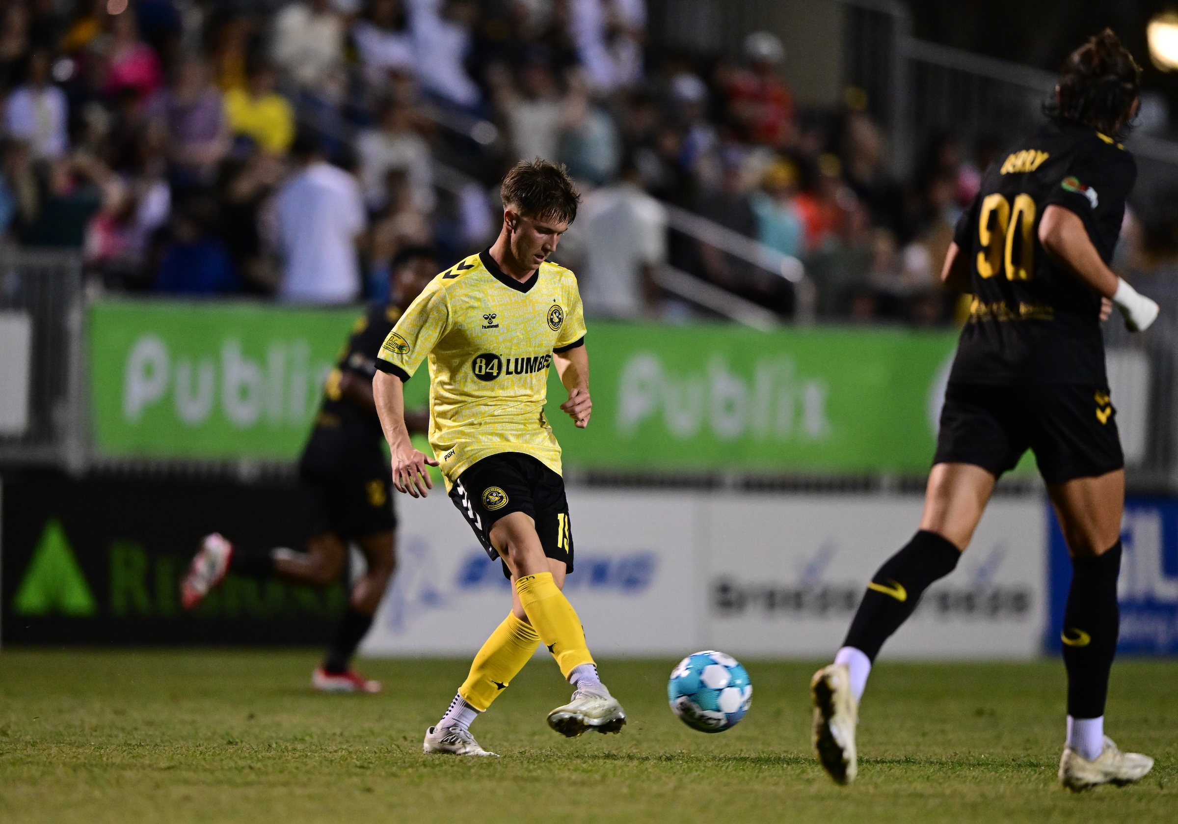 Sam Bassett plays a pass in the Pittsburgh Riverhounds' match at the Charleston Battery on March 7, 2026 at Patriots Point Soccer Complex in Mount Pleasant, S.C. (Photo: Charleston Battery)