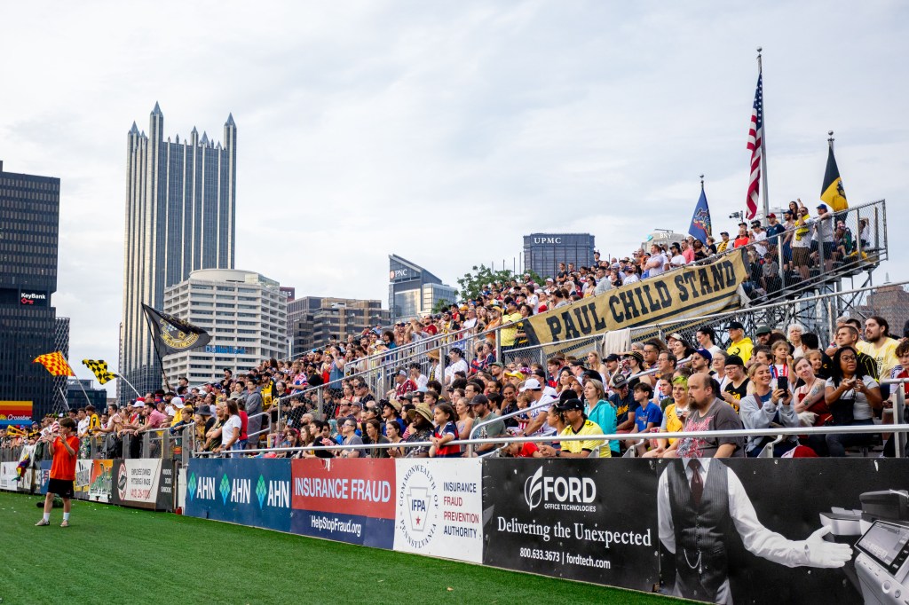 Fans cheer at F.N.B. Stadium during the Pittsburgh Riverhounds' match on July 4, 2026. (Photo: Chris Cowger/Riverhounds SC)