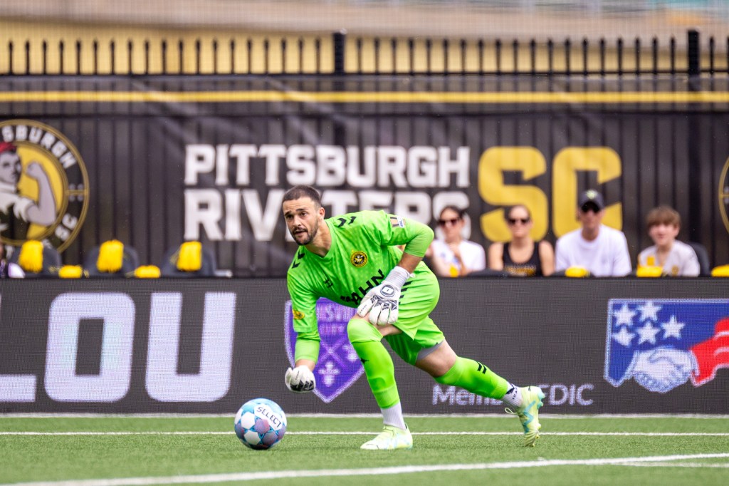 Goalkeeper Nico Campuzano rolls the ball in the Pittsburgh Riverhounds' 3-1 win over Louisville City FC on July 18, 2026 at F.N.B. Stadium in Pittsburgh. (Photo: Chris Cowger/Riverhounds SC)
