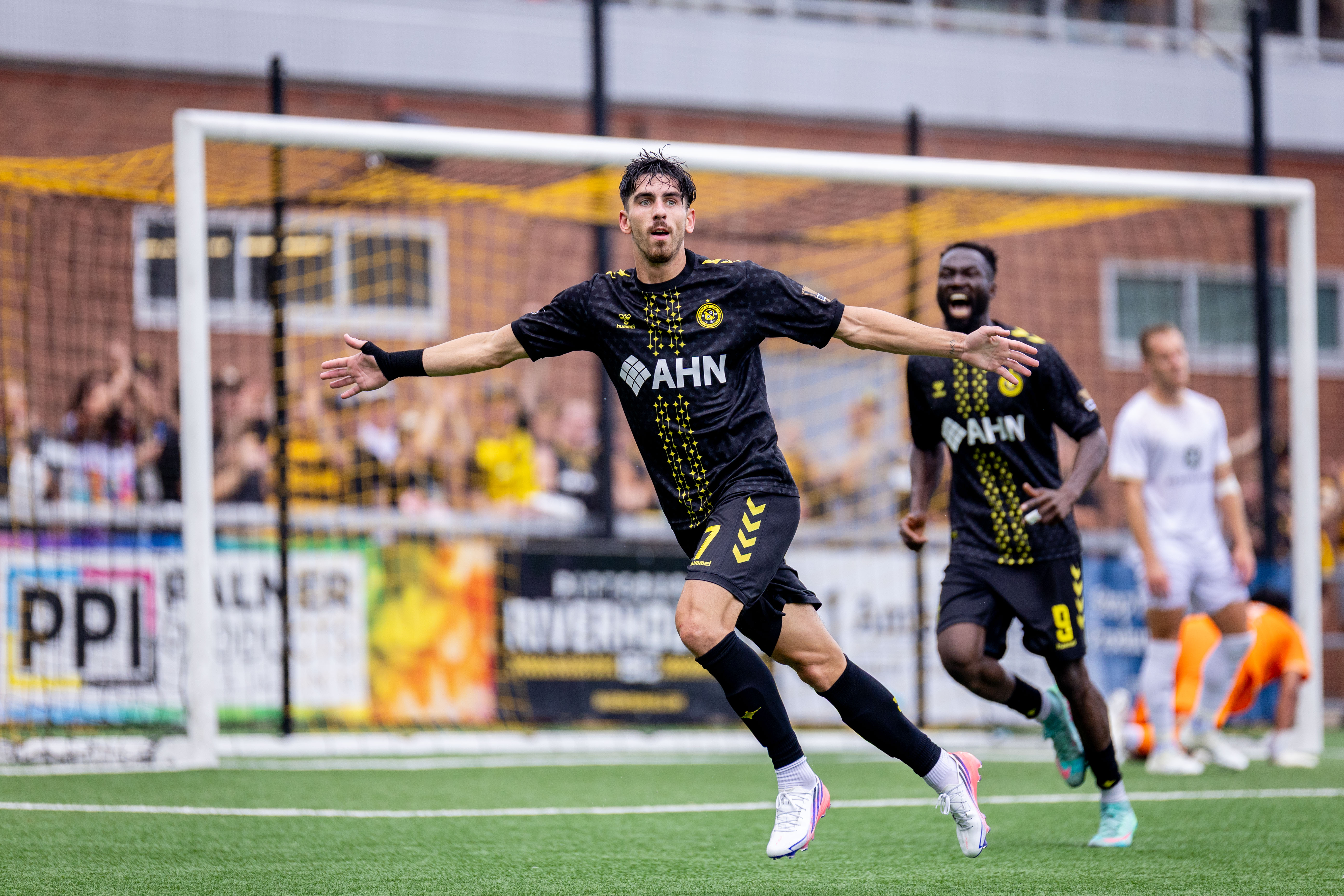 Trevor Amann celebrates the second of his three goals in the Pittsburgh Riverhounds' 3-1 win over Louisville City FC on July 18, 2026 at F.N.B. Stadium in Pittsburgh. (Photo: Chris Cowger/Riverhounds SC)
