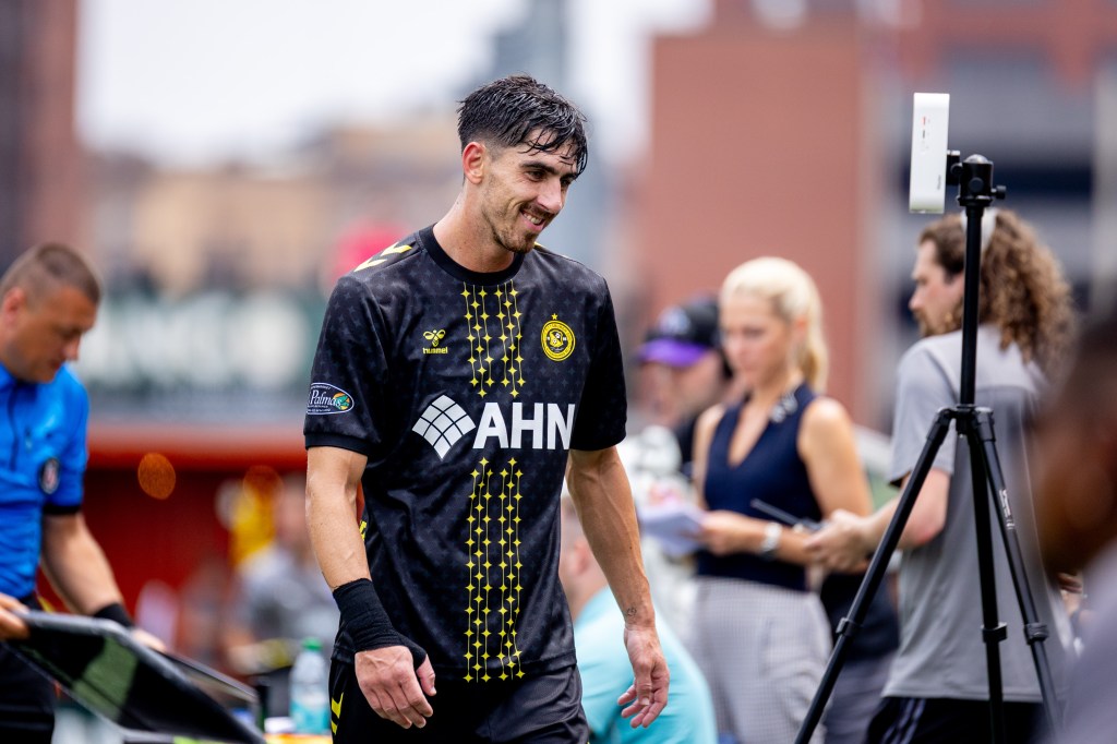 Trevor Amann leaves the field after scoring the fastest hat trick in USL Championship history in the Pittsburgh Riverhounds' 3-1 win over Louisville City FC on July 18, 2026 at F.N.B. Stadium in Pittsburgh. (Photo: Chris Cowger/Riverhounds SC)