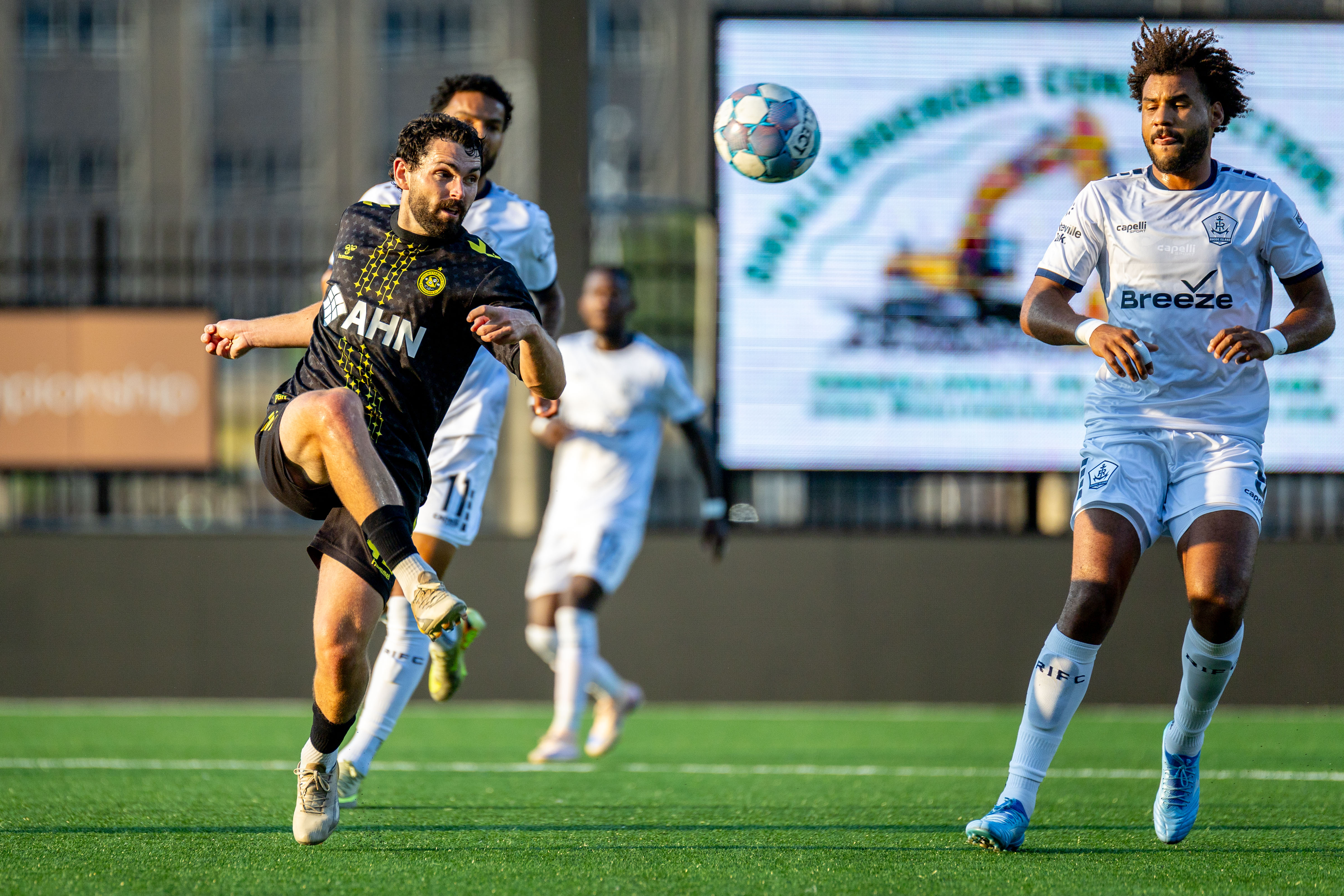 Jackson Walti plays a pass into the air in the Pittsburgh Riverhounds' match against Rhode Island FC on July 25, 2026 at F.N.B. Stadium in Pittsburgh. (Photo: Chris Cowger/Riverhounds SC)