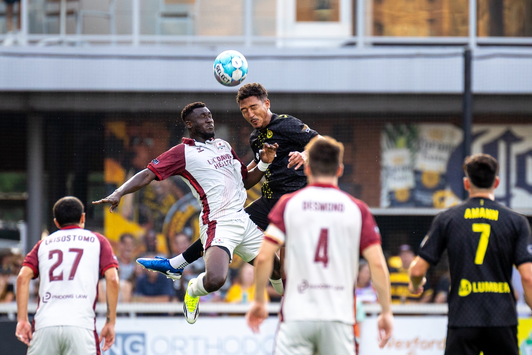 Victor Souza battles for a header with Sacramento Republic FC forward Forster Ajago in the Pittsburgh Riverhounds' 0-0 draw Aug. 8, 2026 at F.N.B. Stadium in Pittsburgh. (Photo: Chris Cowger/Riverhounds SC)
