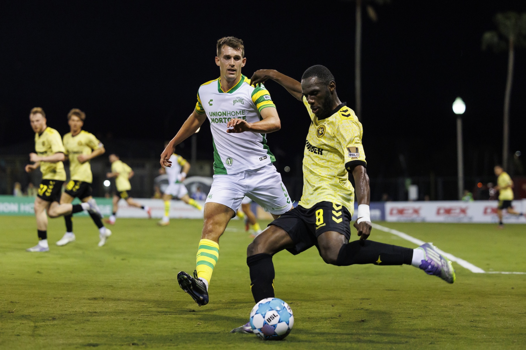 Junior Etou crosses the ball in the Pittsburgh Riverhounds match against the Tampa Bay Rowdies on March 21, 2026 at Al Lang Stadium in St. Petersburg, Fla. (Photo: Morgan Tencza/Tampa Bay Rowdies)