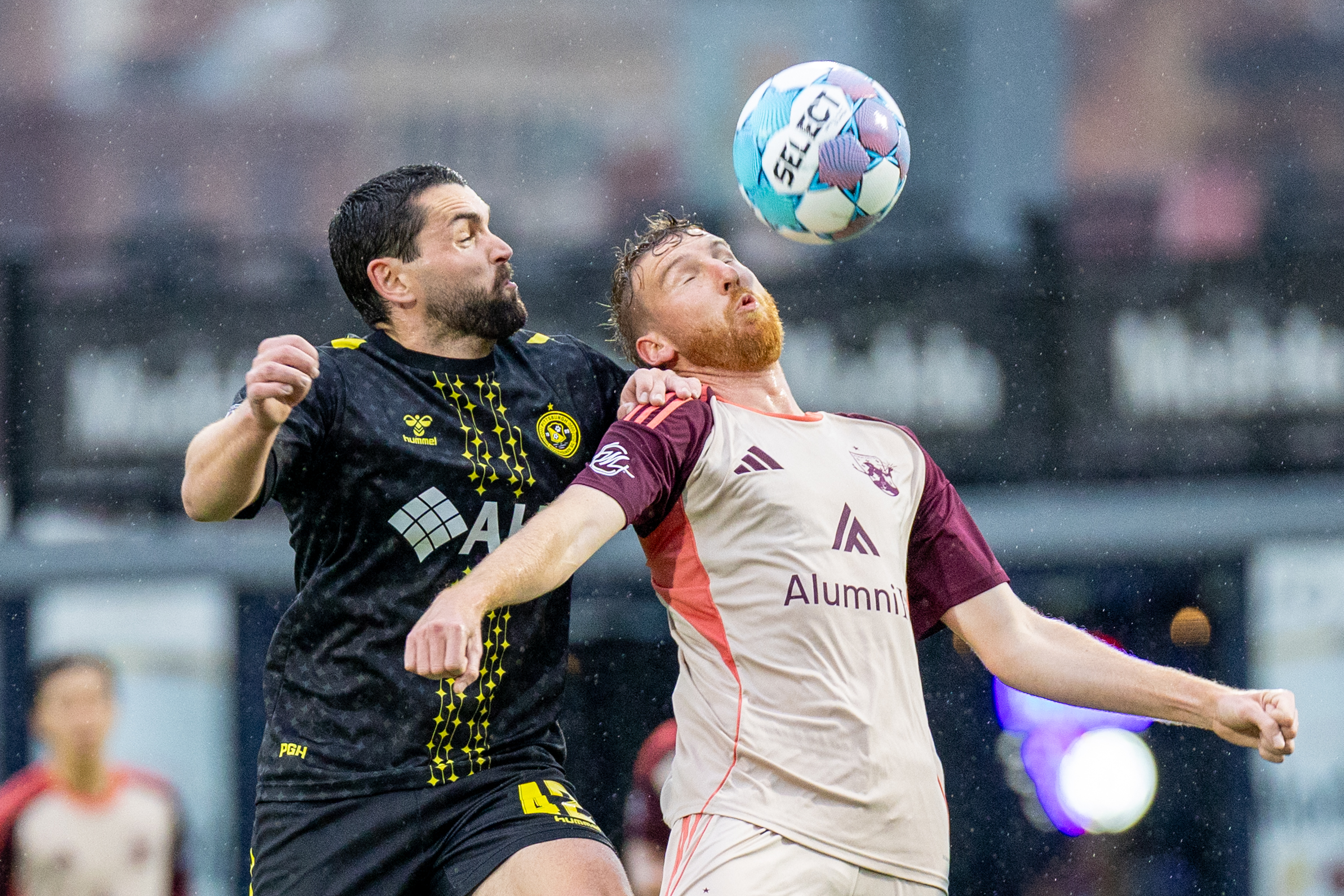 Jackson Walti battles Detroit City FC's Connor Rutz in the Pittsburgh Riverhounds' 2-1 win on April 18, 2026 at F.N.B. Stadium in Pittsburgh. (Photo: Chris Cowger/Riverhounds SC)