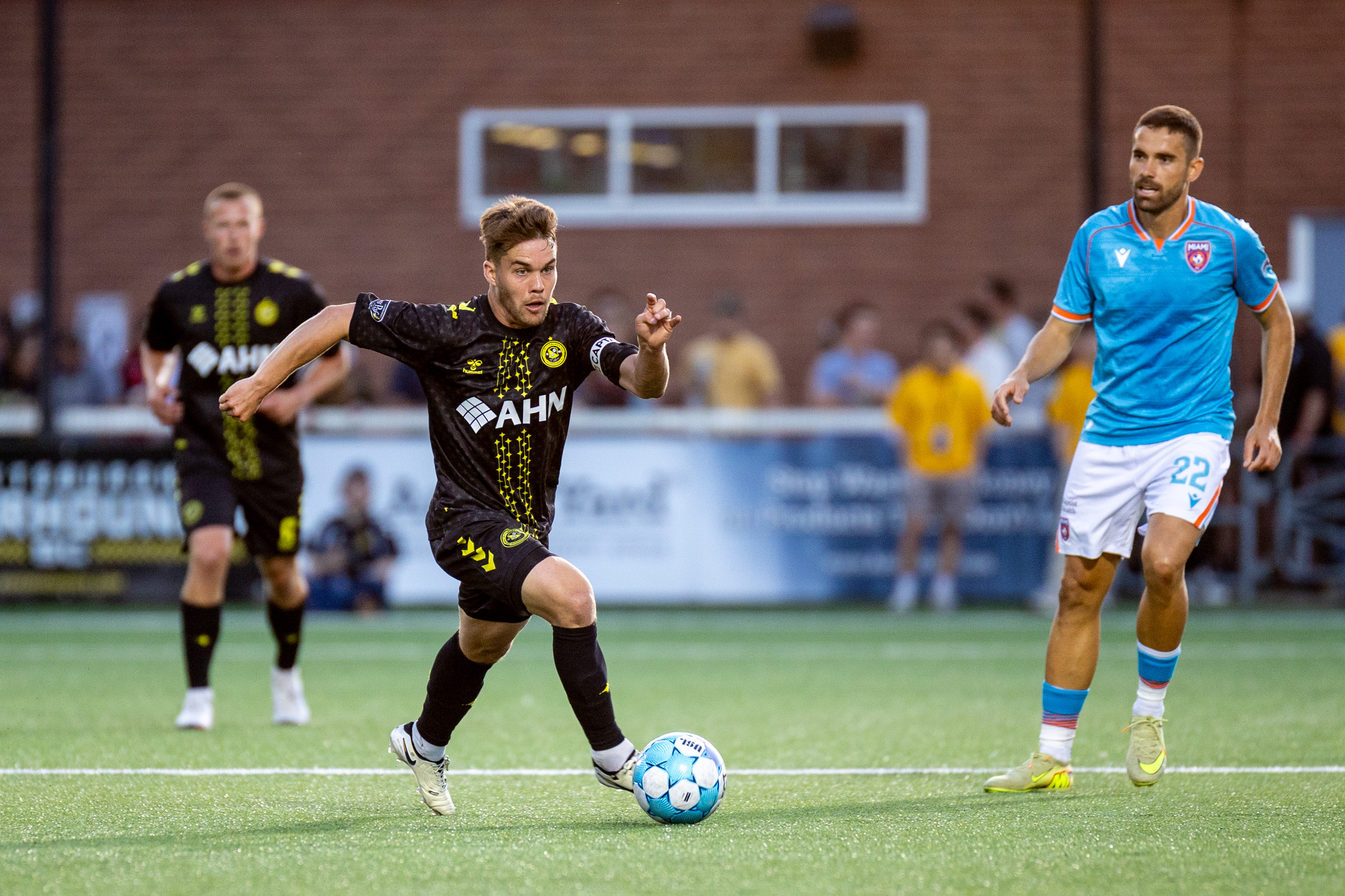 Robbie Mertz turns up the field with the ball in the Pittsburgh Riverhounds' 2-0 win over Miami FC on May 30, 2026 at F.N.B. Stadium in Pittsburgh. (Photo: Chris Cowger/Riverhounds SC)