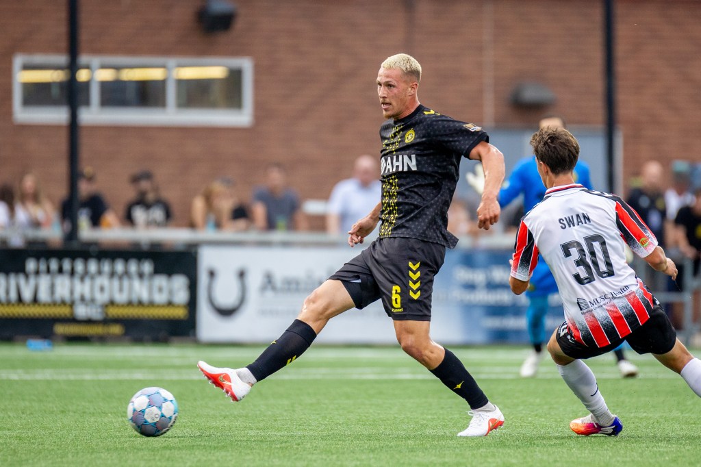 Pittsburgh Riverhounds defender Owen Mikoy plays a pass in the team's 3-1 win over the Charleston Battery on Aug. 16, 2026 at F.N.B. Stadium in Pittsburgh. (Photo: Chris Cowger/Riverhounds SC)