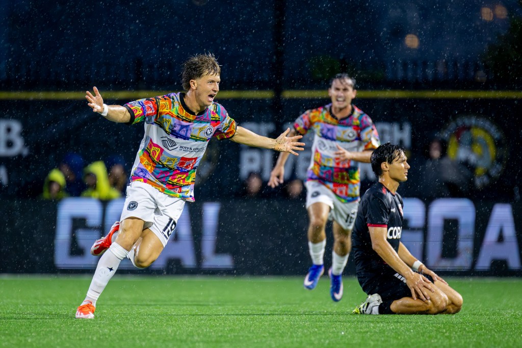 Sam Bassett celebrates his goal in the Pittsburgh Riverhounds' 1-0 win over Loudoun United FC on Sept. 12, 2026 at F.N.B. Stadium in Pittsburgh. (Photo: Chris Cowger/Riverhounds SC)