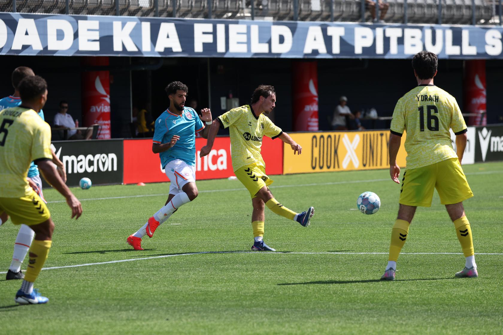 Charles Ahl plays a pass in the Pittsburgh Riverhounds' 2-2 draw at Miami FC on Sept. 6, 2026 at Pitbull Stadium in Miami. (Photo: Miami FC)