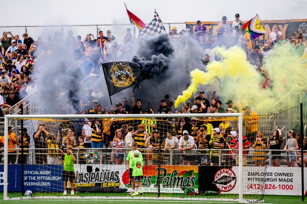 Smoke rises from the Paul Child Stand prior to the Pittsburgh Riverhounds match against the Charleston Battery on Aug. 15, 2026 at F.N.B. Stadium in Pittsburgh. (Photo: Chris Cowger/Riverhounds SC)
