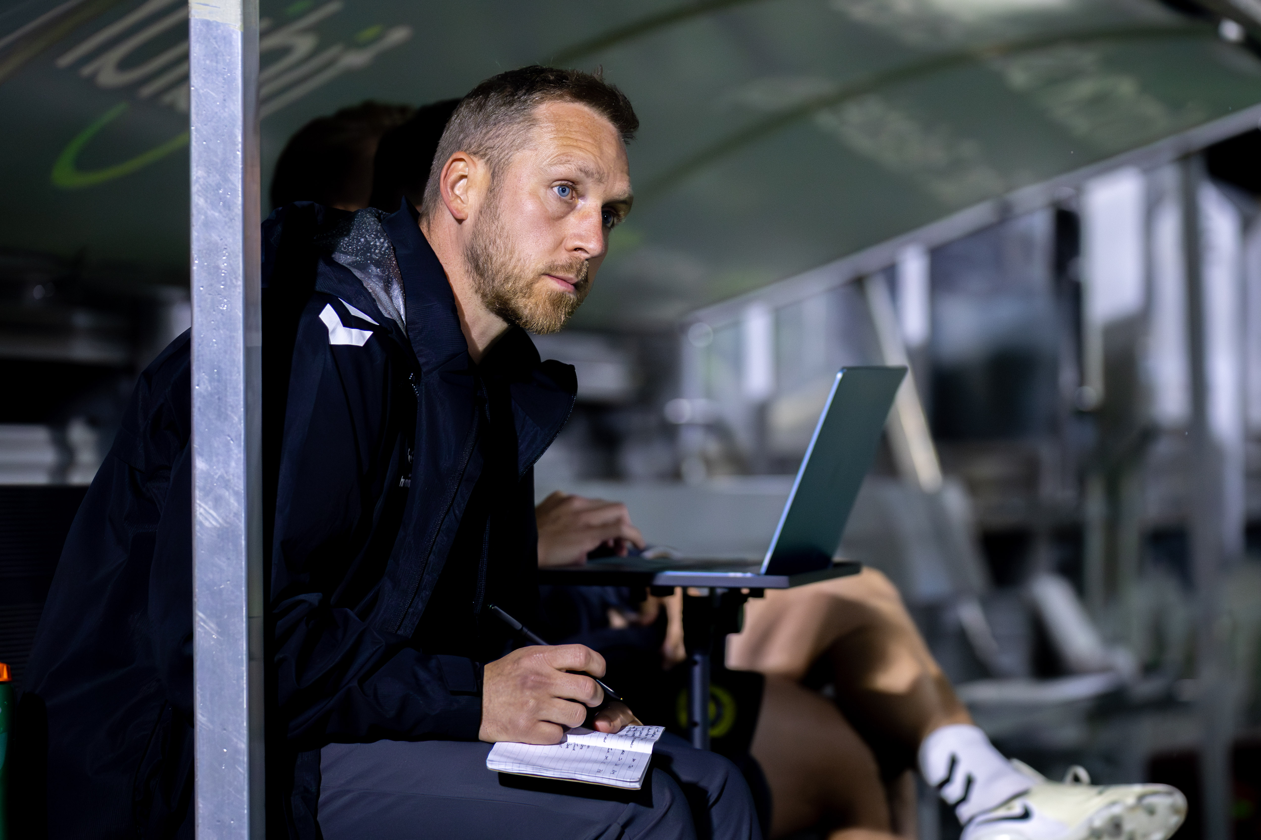 Pittsburgh Riverhounds head coach Rob Vincent takes notes while watching his team's 2-1 win over Hartford Athletic on Oct. 10, 2026 at F.N.B. Stadium in Pittsburgh. (Photo: Chris Cowger/Riverhounds SC)