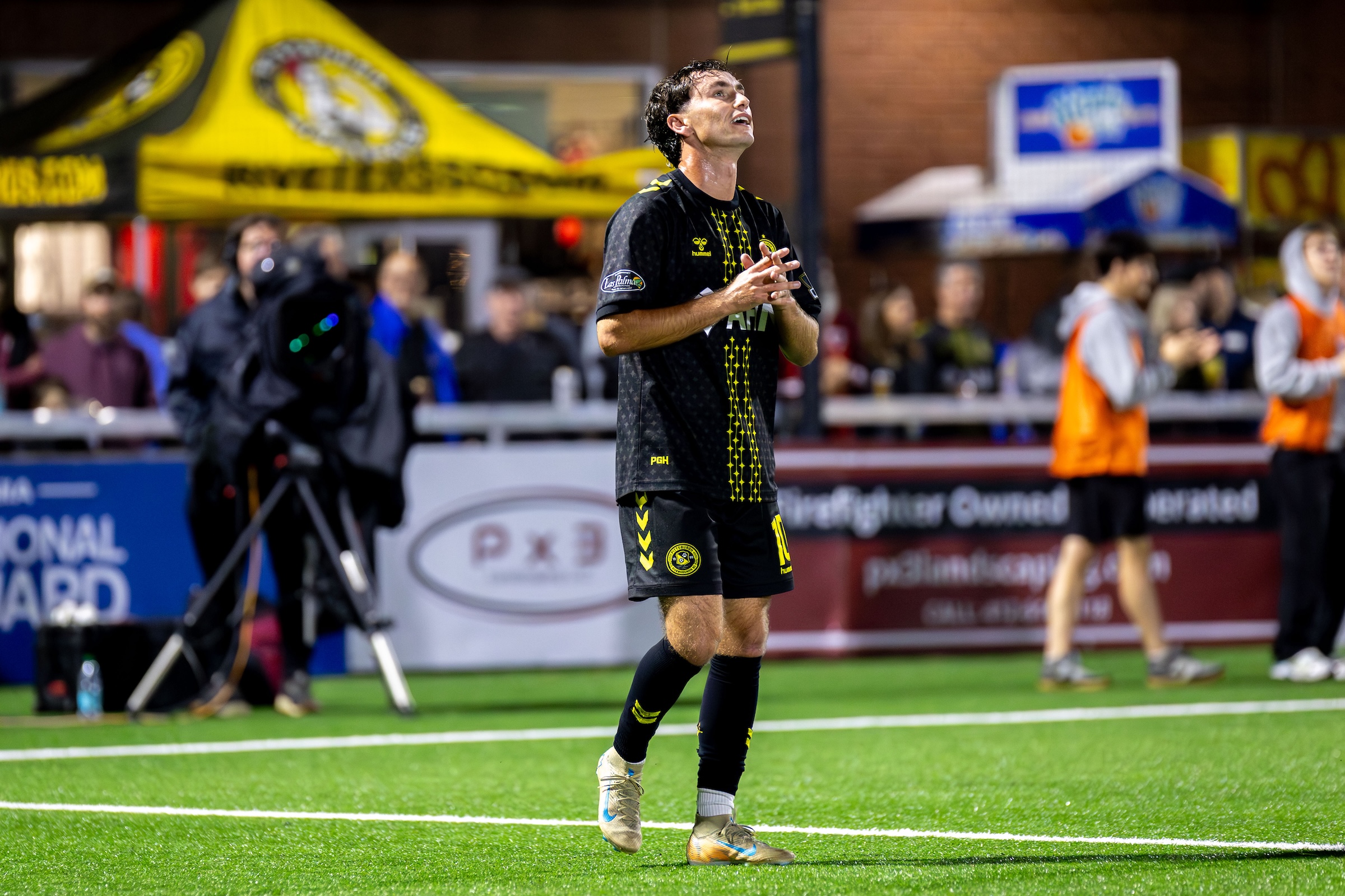 Charles Ahl looks skyward after scoring the winning goal in the Pittsburgh Riverhounds' 2-1 triumph over Hartford Athletic on Oct. 10, 2026 at F.N.B. Stadium in Pittsburgh. (Photo: Chris Cowger/Riverhounds SC)
