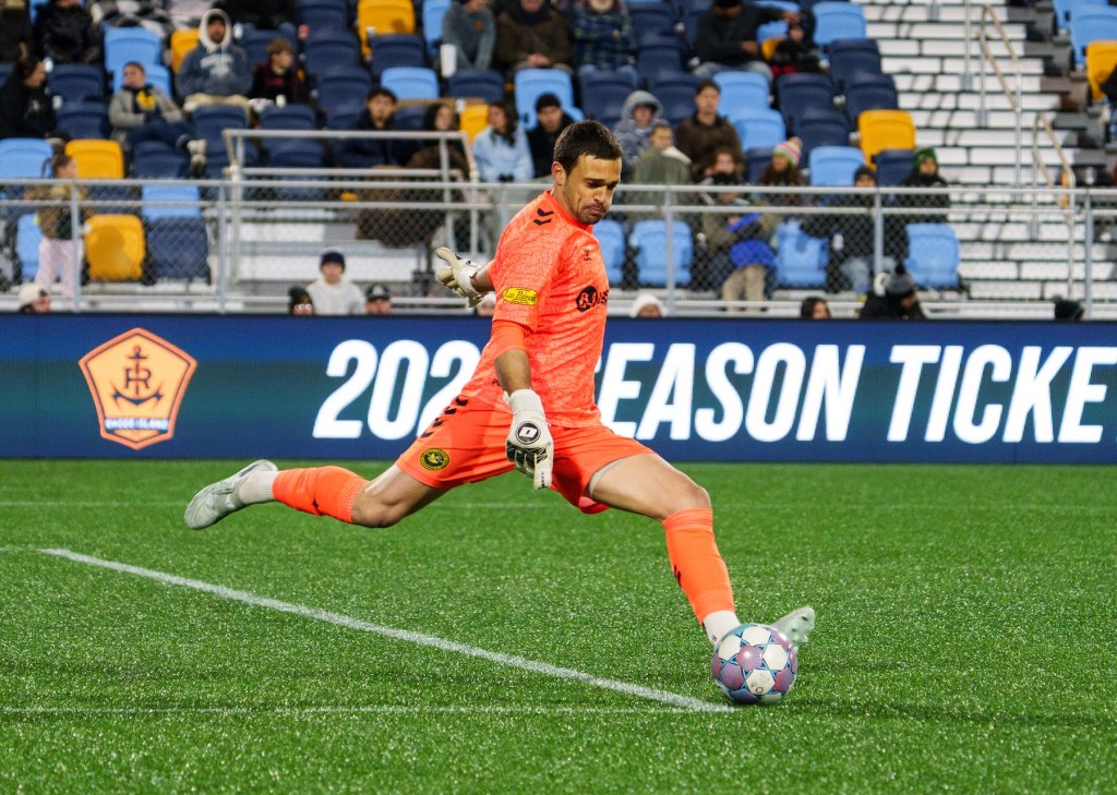 Pittsburgh Riverhounds goalkeeper Nico Campuzano takes a goal kick in the team's match at Rhode Island FC on Oct. 17, 2026 at Centreville Bank Stadium in Pawtucket, R.I. (Photo: Rhode Island FC)